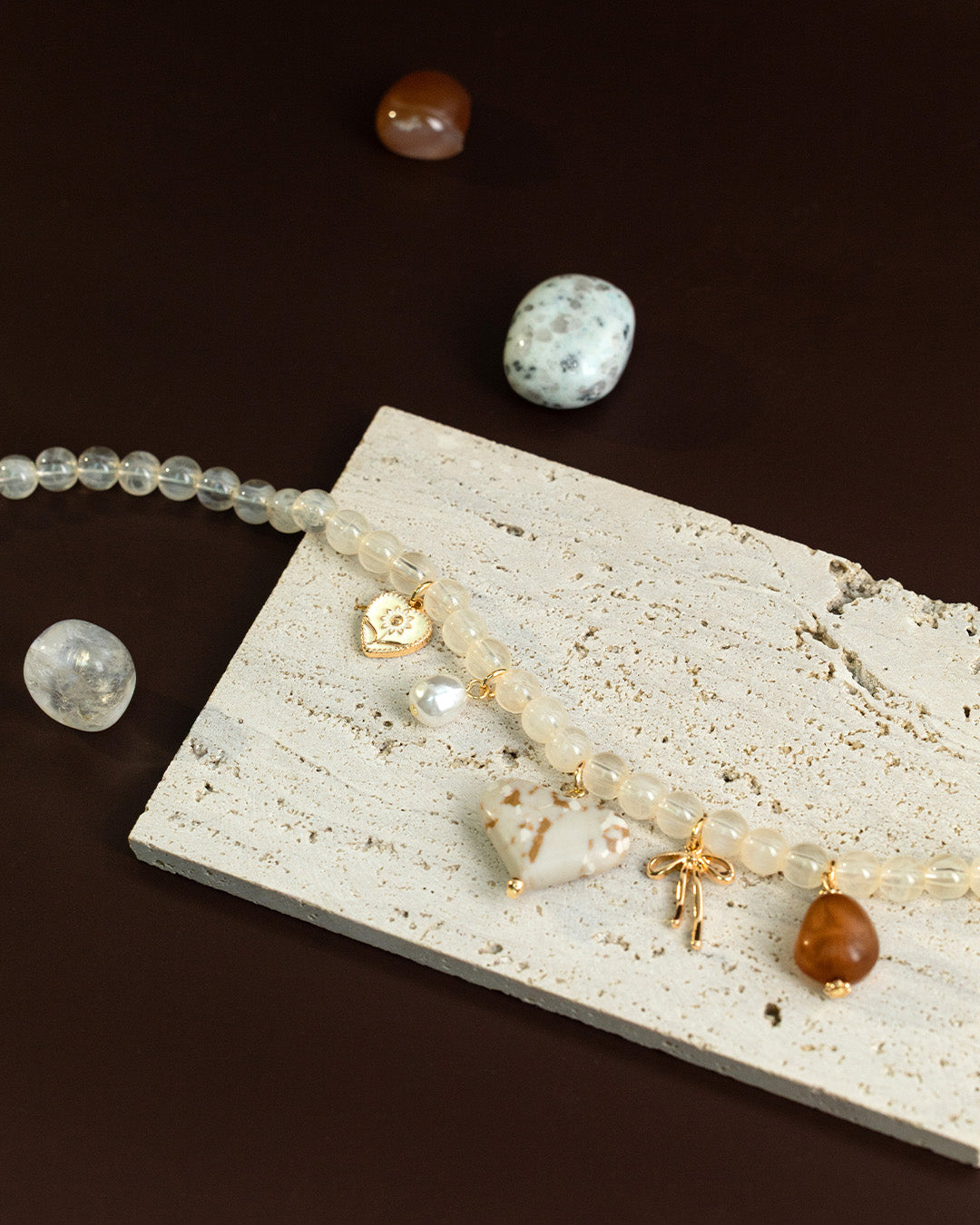 Ivory Jade Marbled Valentine Heart Bead Necklace-5