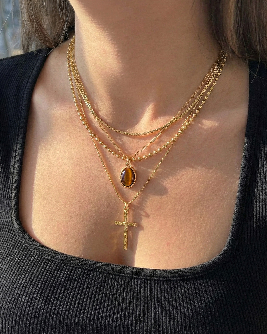 4 Layered Tiger's Eye Cross Necklace-4