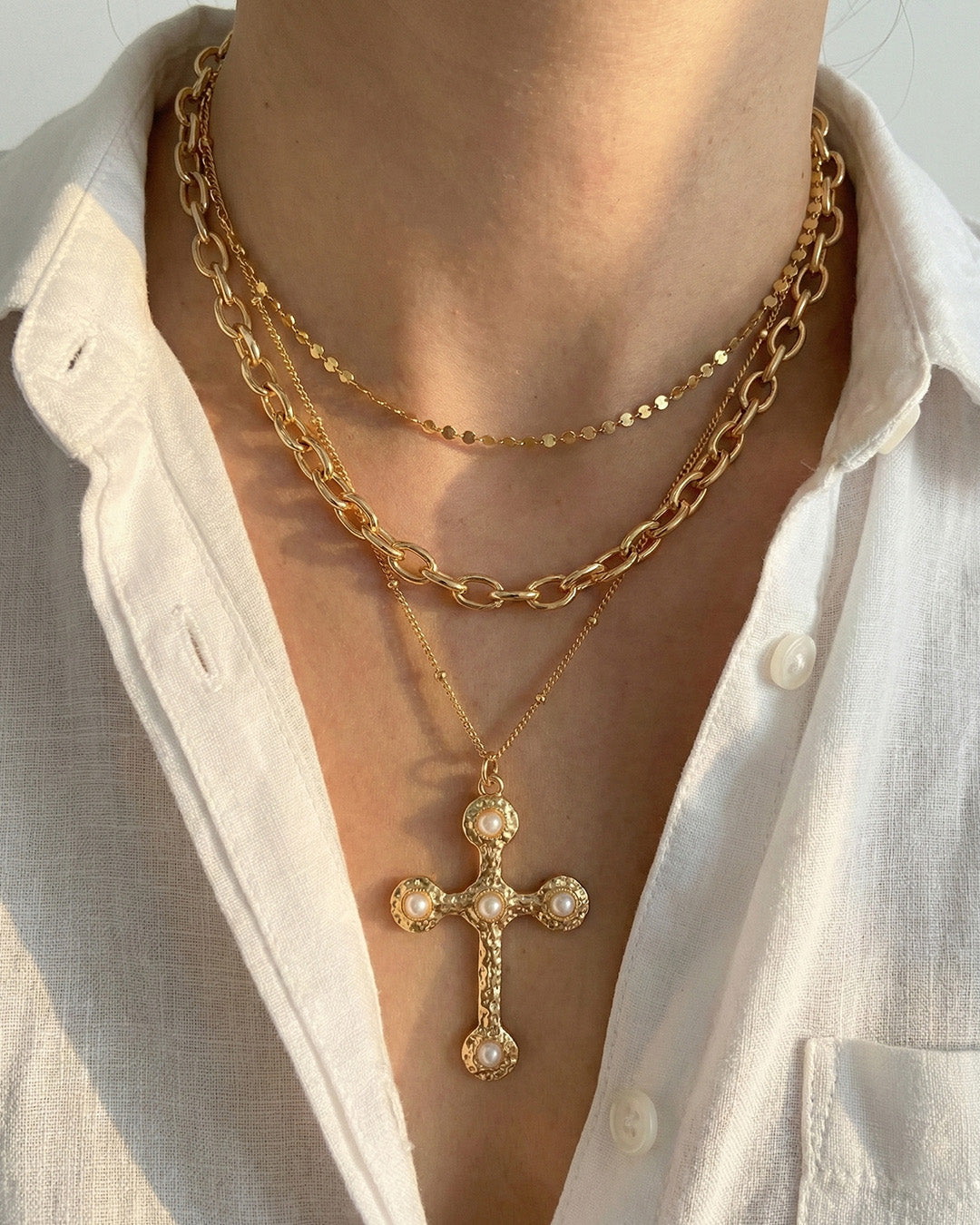 3 Layered Vintage Hammered Cross Necklace-4