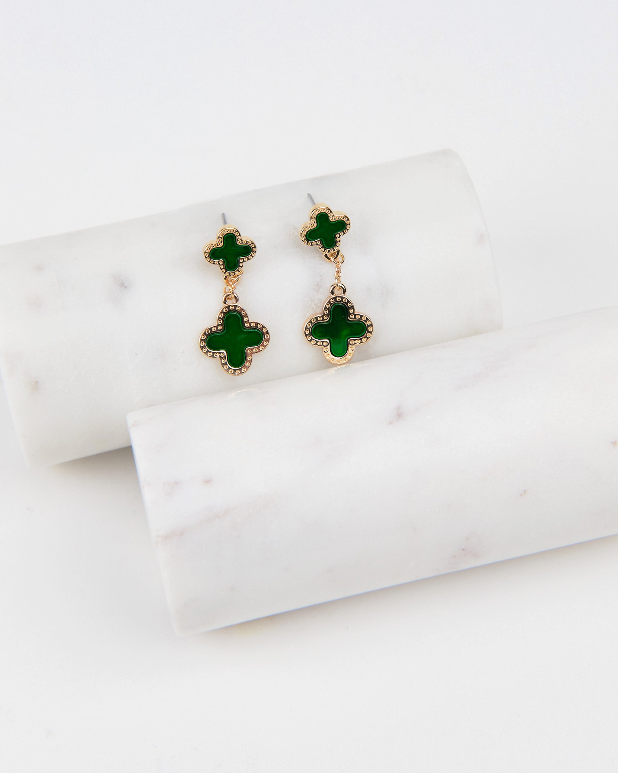 Mother of Pearl Double Clover Drop Earrings – on model