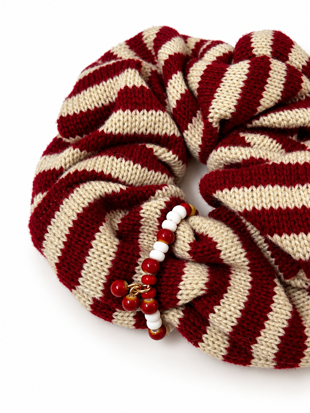 Striped Knit Fabric Beaded Scrunchie Hair Tie