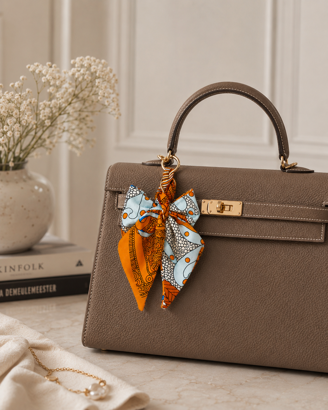 Braided Scarf Bow Bag Charm detail — braided scarf bow with a pearl-beaded loop clip