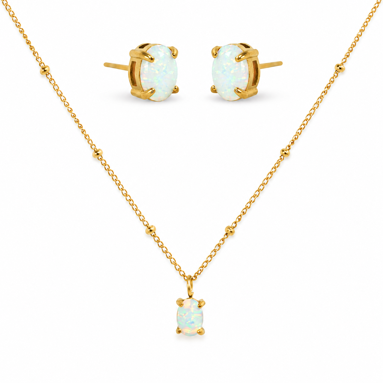 Stainless Semi Opal Necklace Earring Set