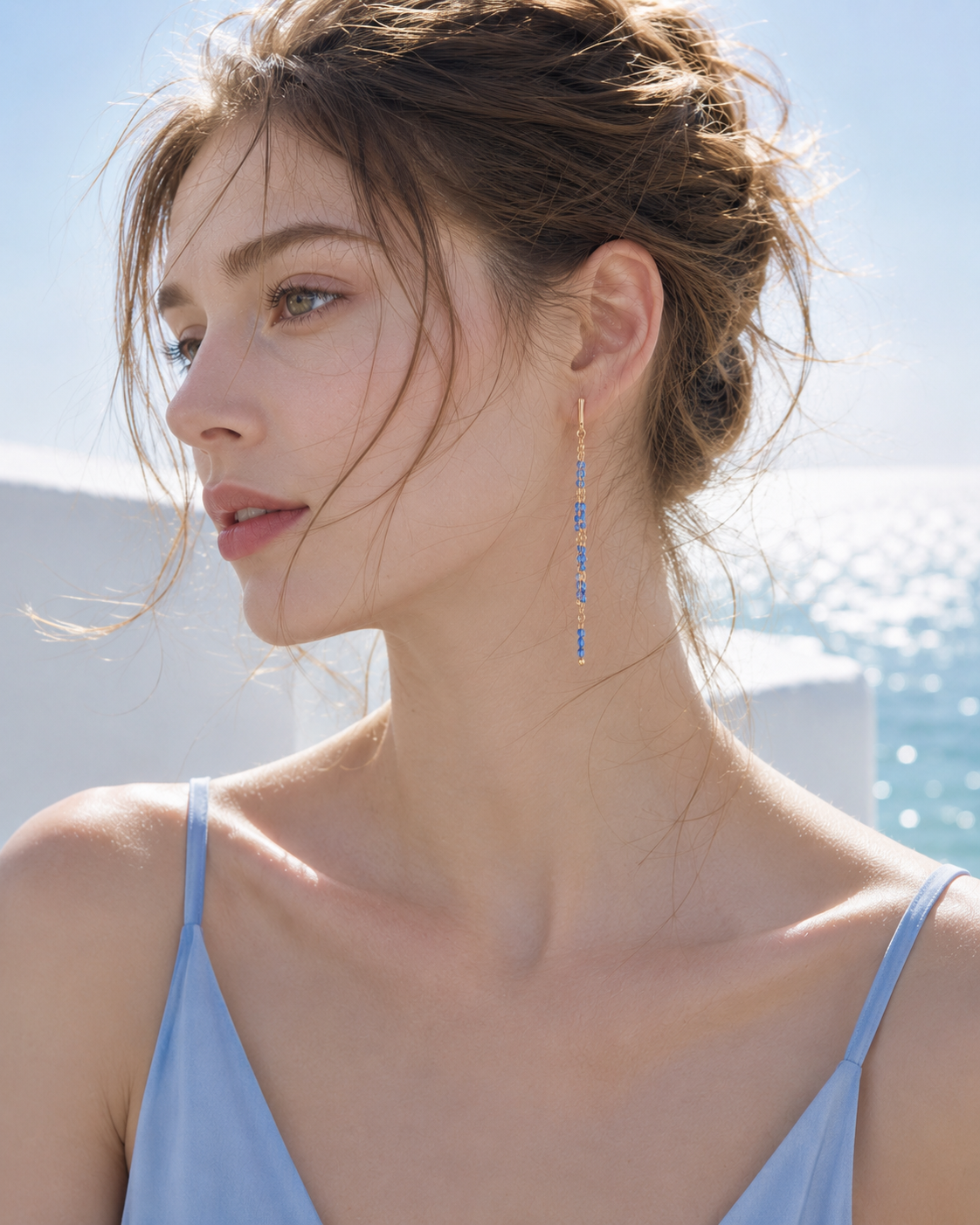 Navy Blue Beaded Chain Drop Earrings