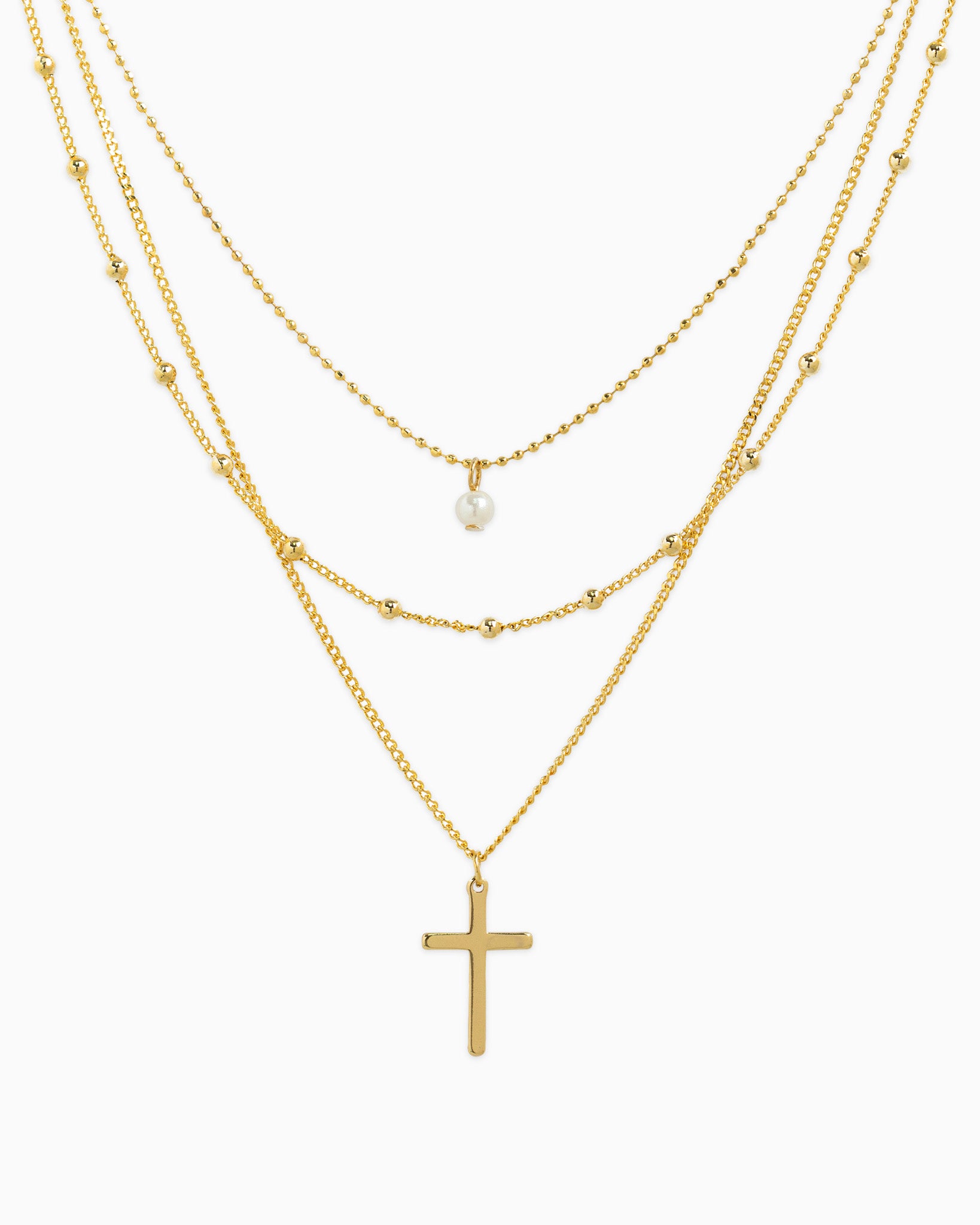 Triple Layered Pearl Cross Necklace