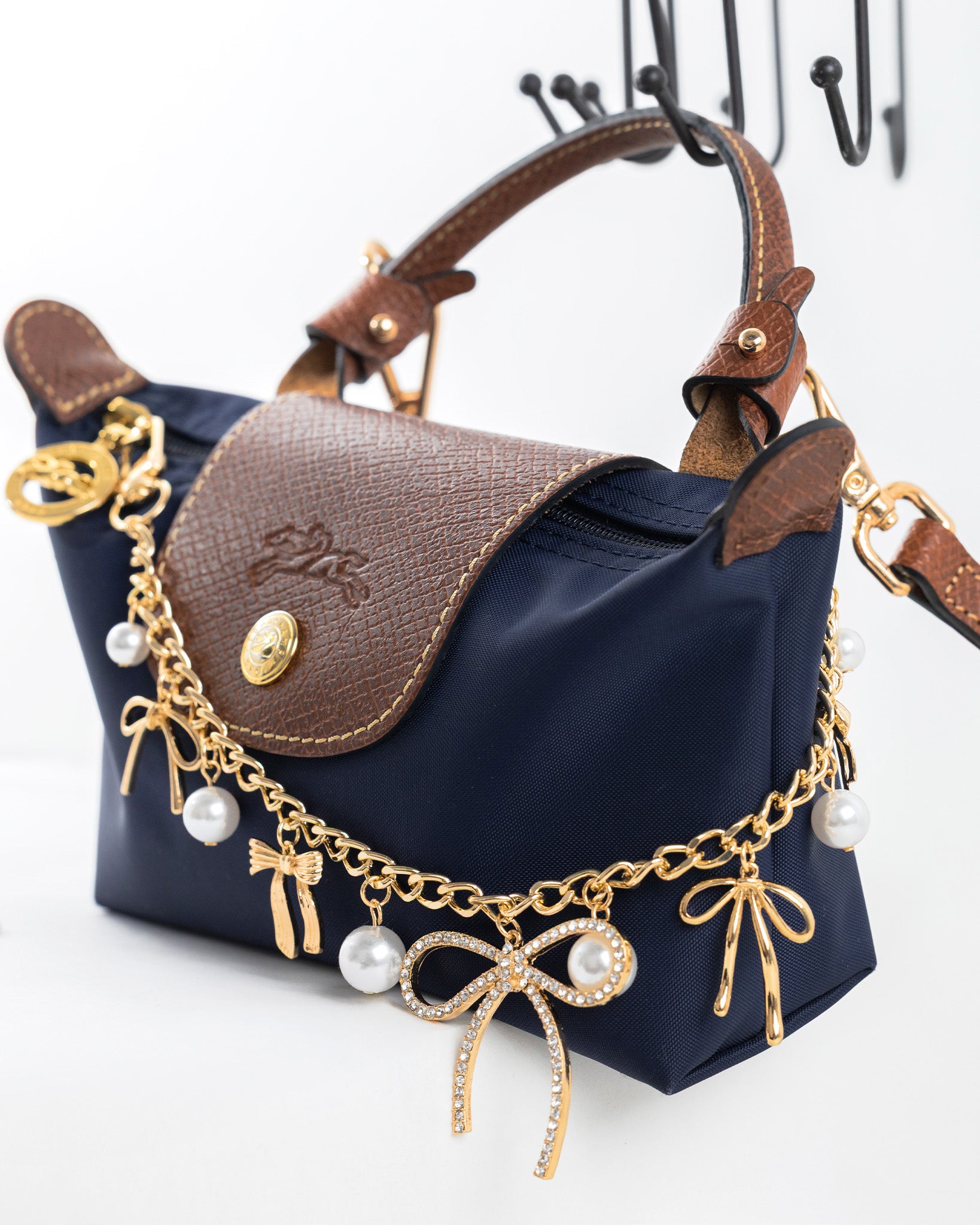 Multi Bow with Pearls and Crystals Bag Charm Chain