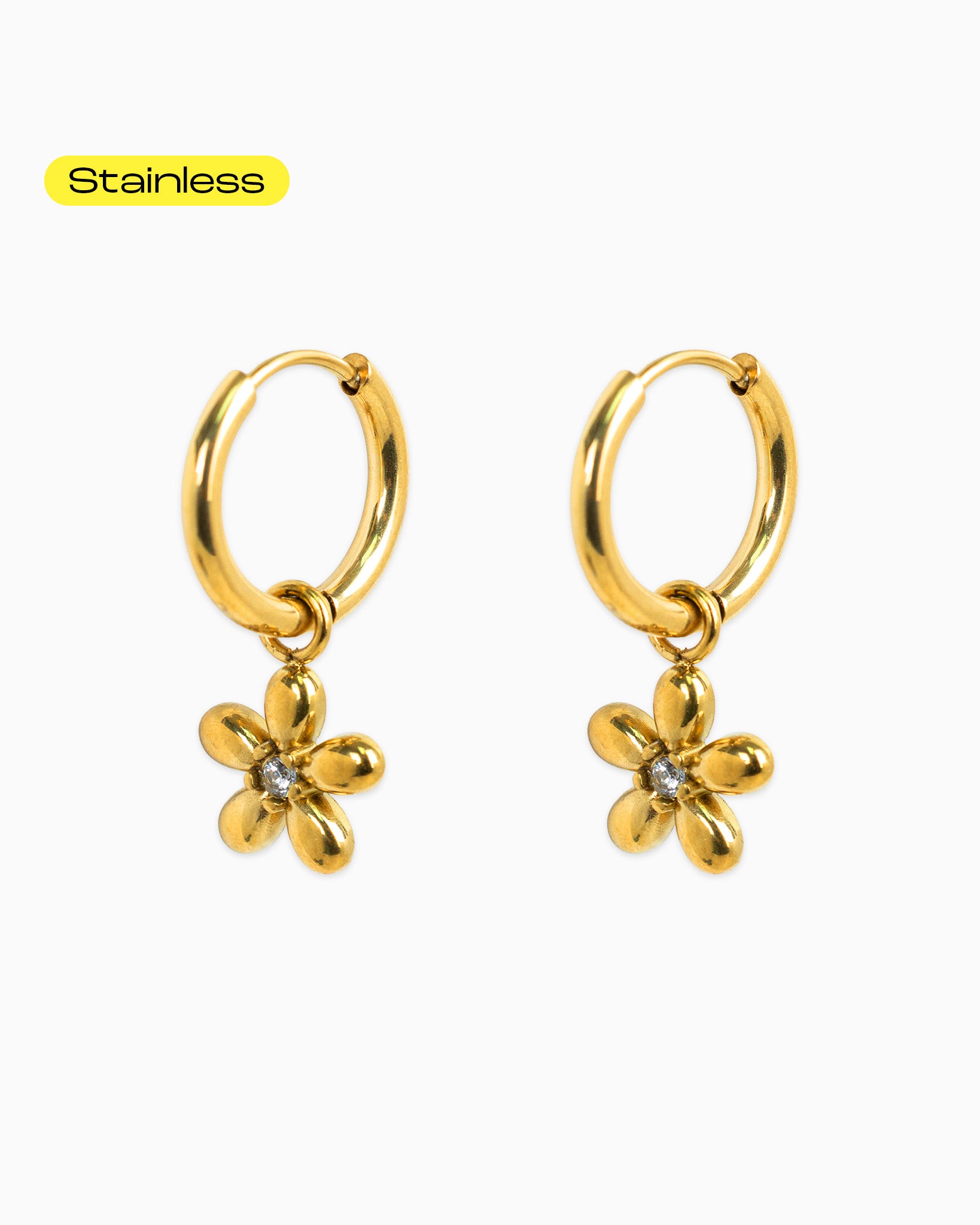 Stainless Flower CZ Drop Huggie Hoop Earrings