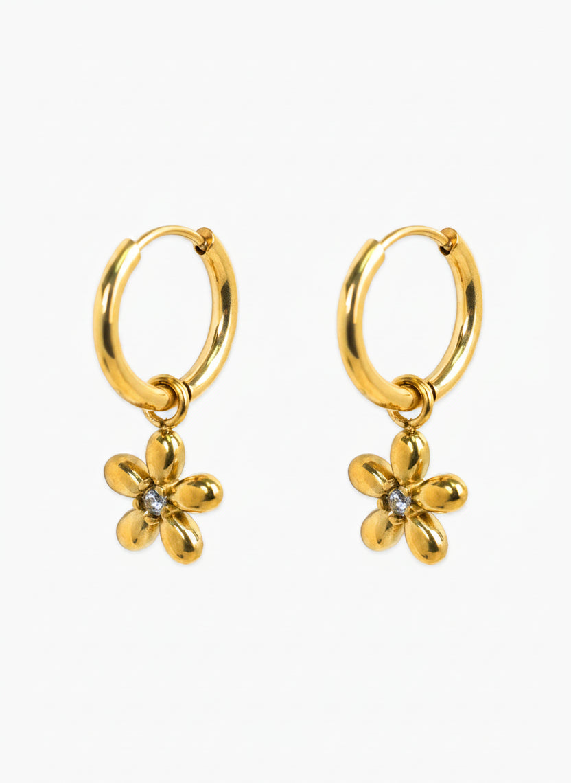 Stainless Flower CZ Drop Huggie Hoop Earrings