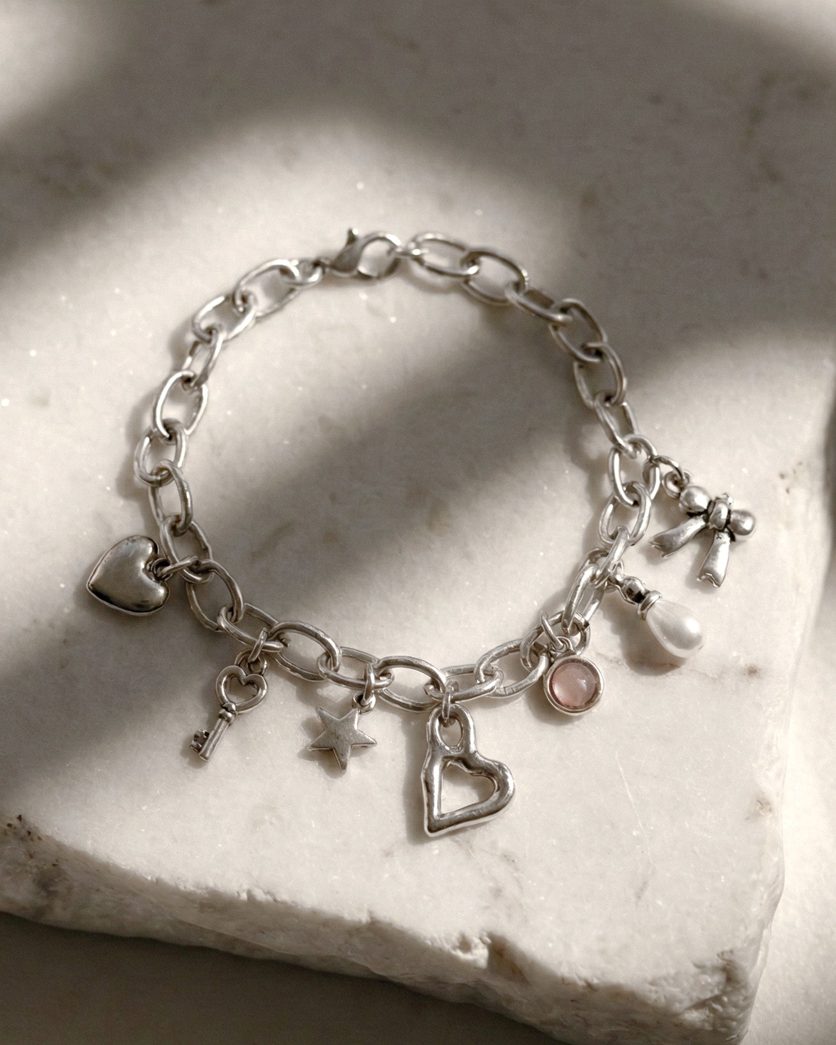 Vintage Silver Heart Key Charm Bracelet