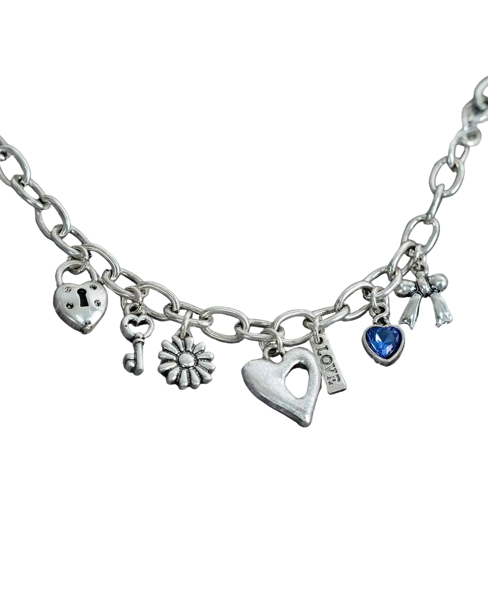 Vintage Blue Heart With Lock Multi-Charm Bracelet