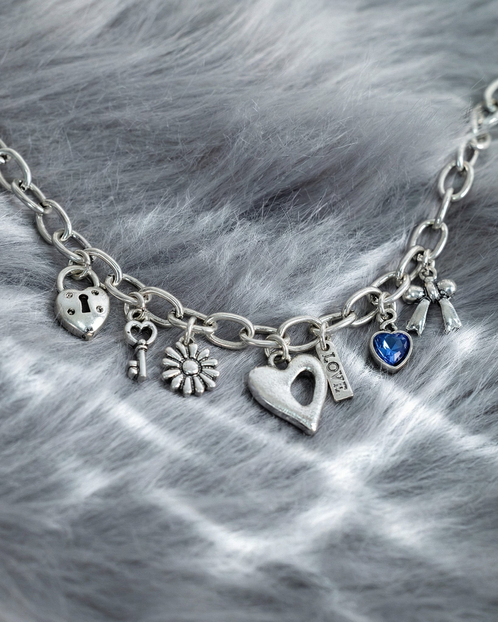 Vintage Blue Heart With Lock Multi-Charm Bracelet