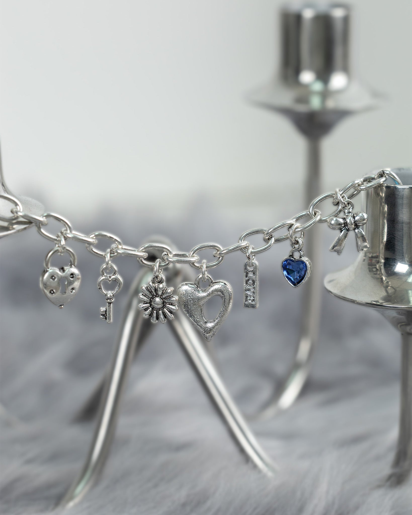 Vintage Blue Heart With Lock Multi-Charm Bracelet