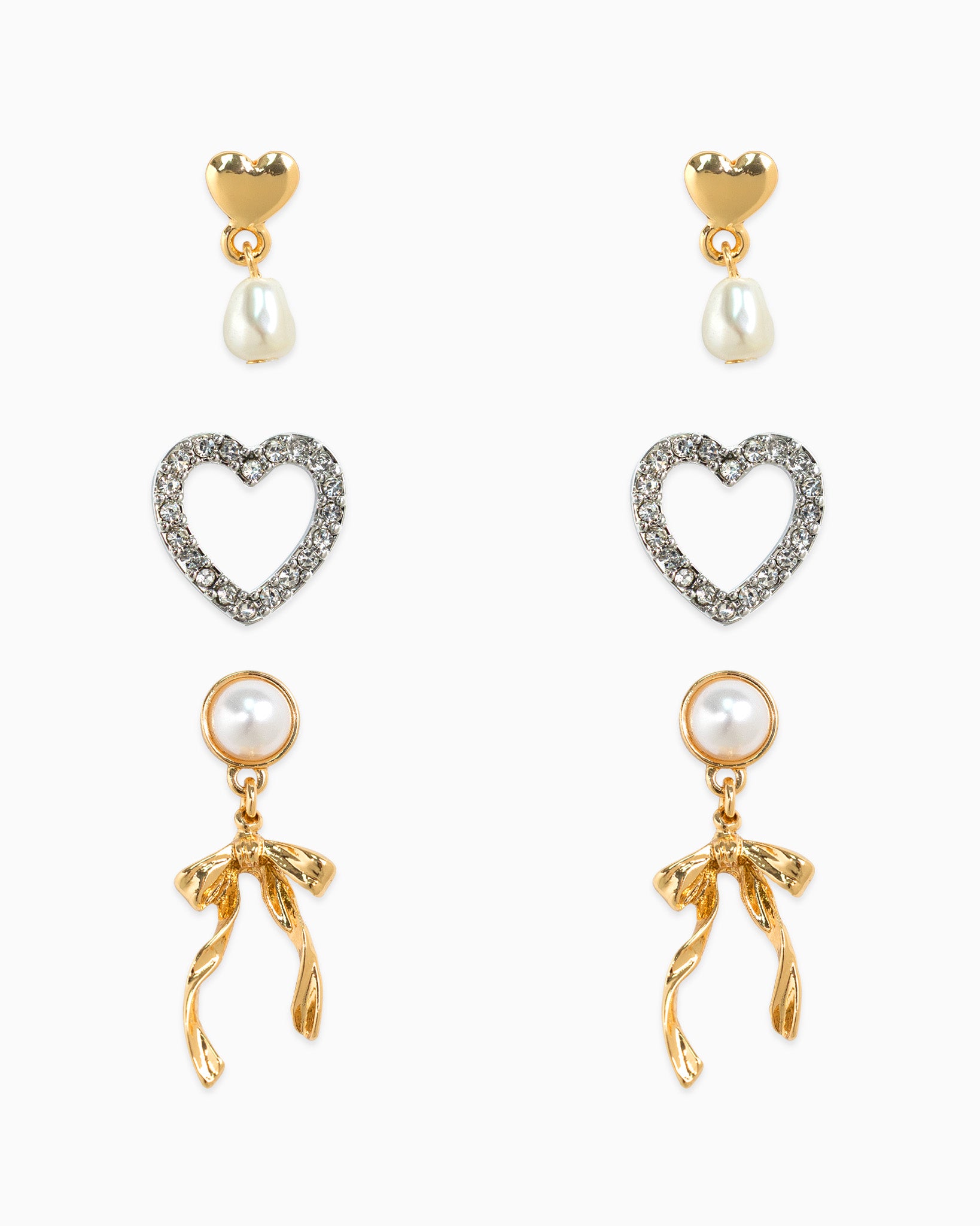 Romantic Pearl Bow & Heart Earrings Set
