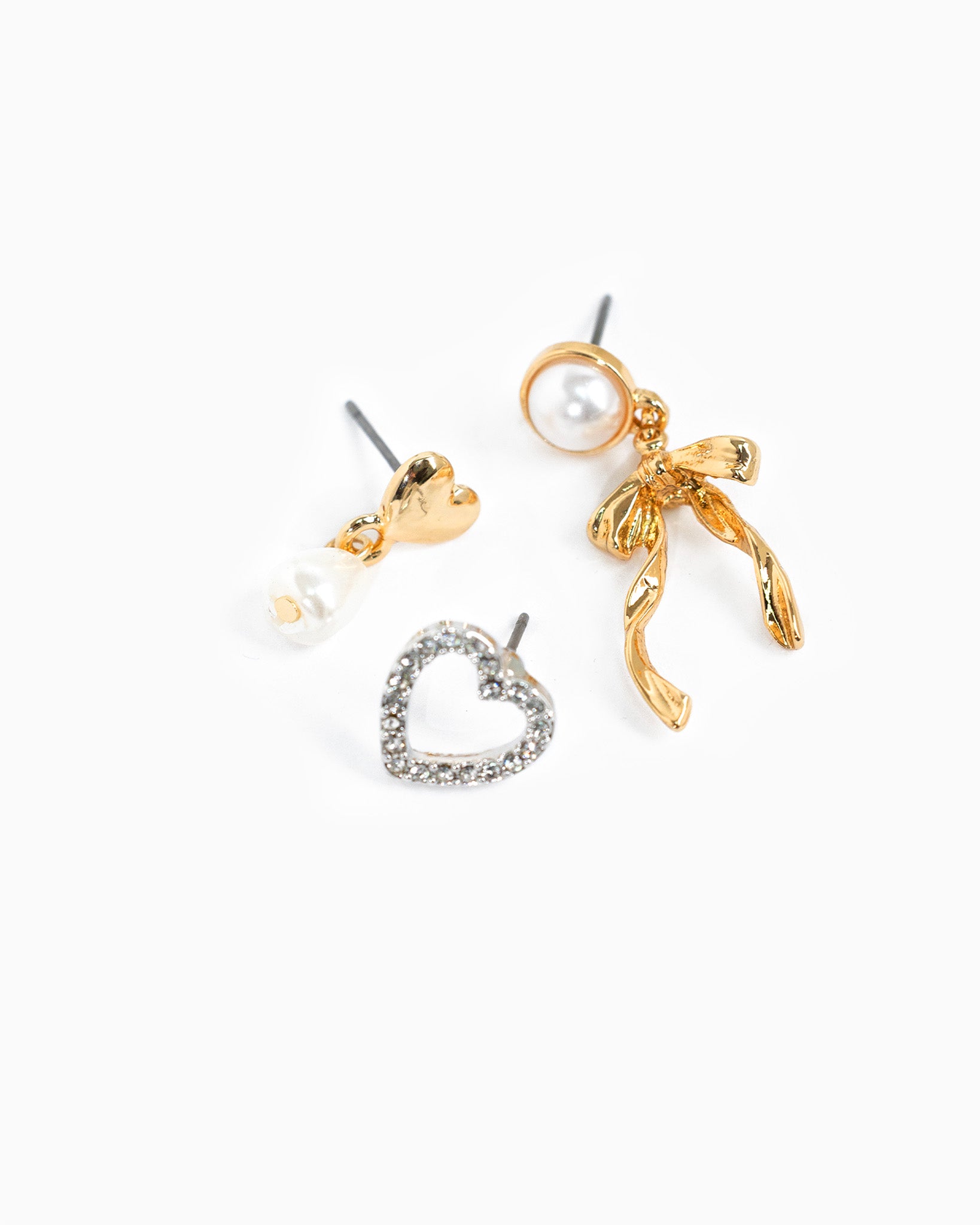 Romantic Pearl Bow & Heart Earrings Set