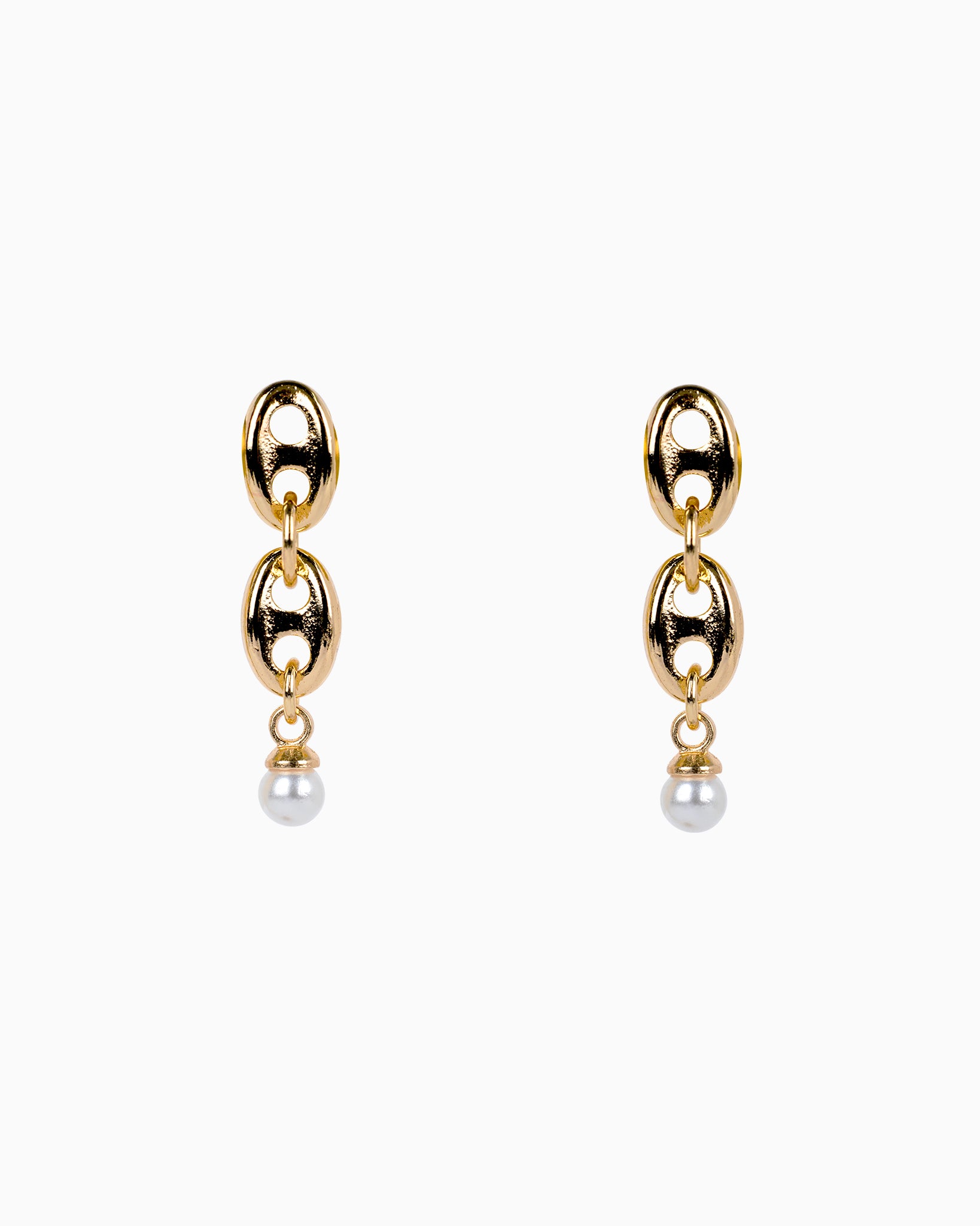 Gold Puff Mariner Link with Pearl Accents Drop Earrings
