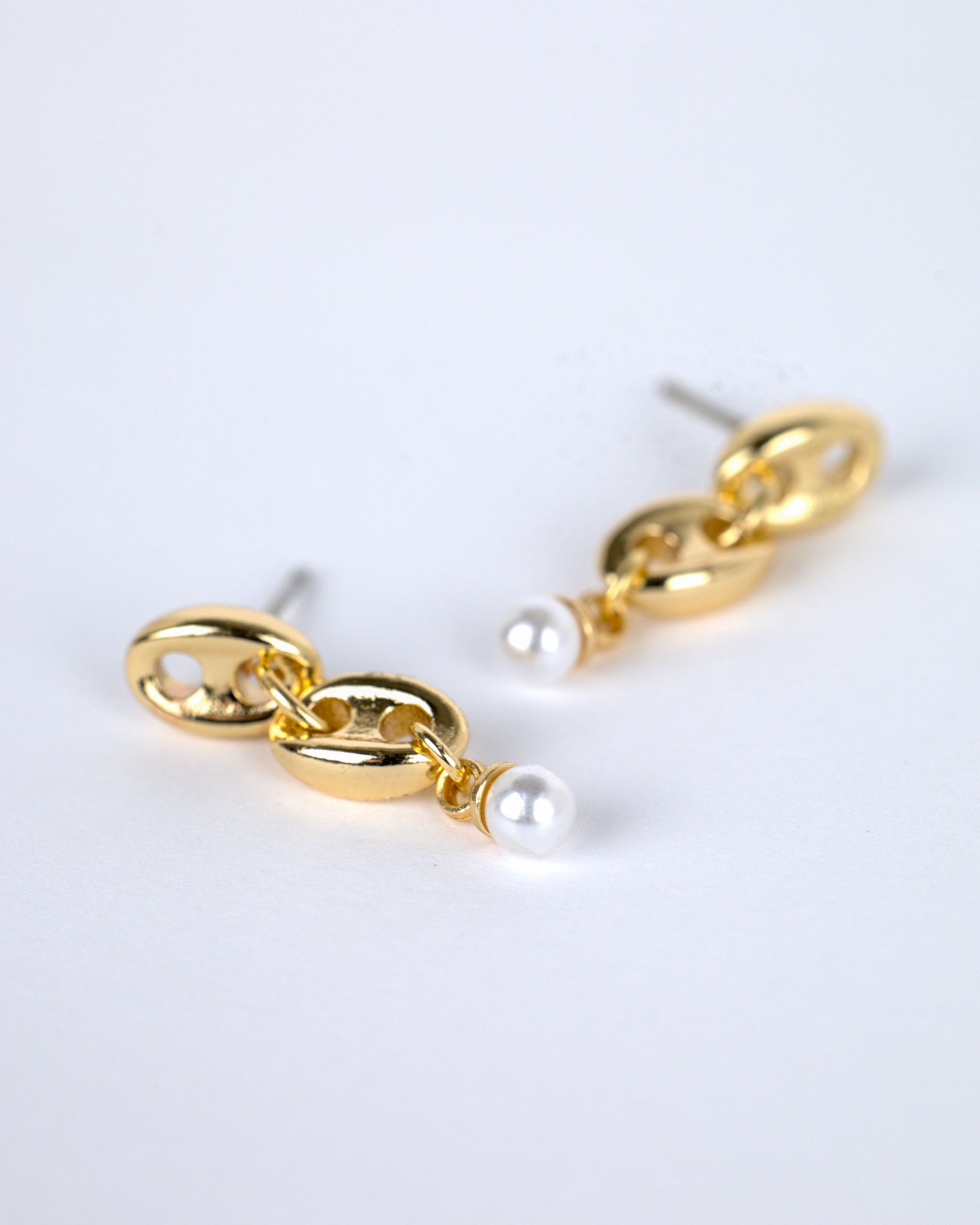 Gold Puff Mariner Link with Pearl Accents Drop Earrings