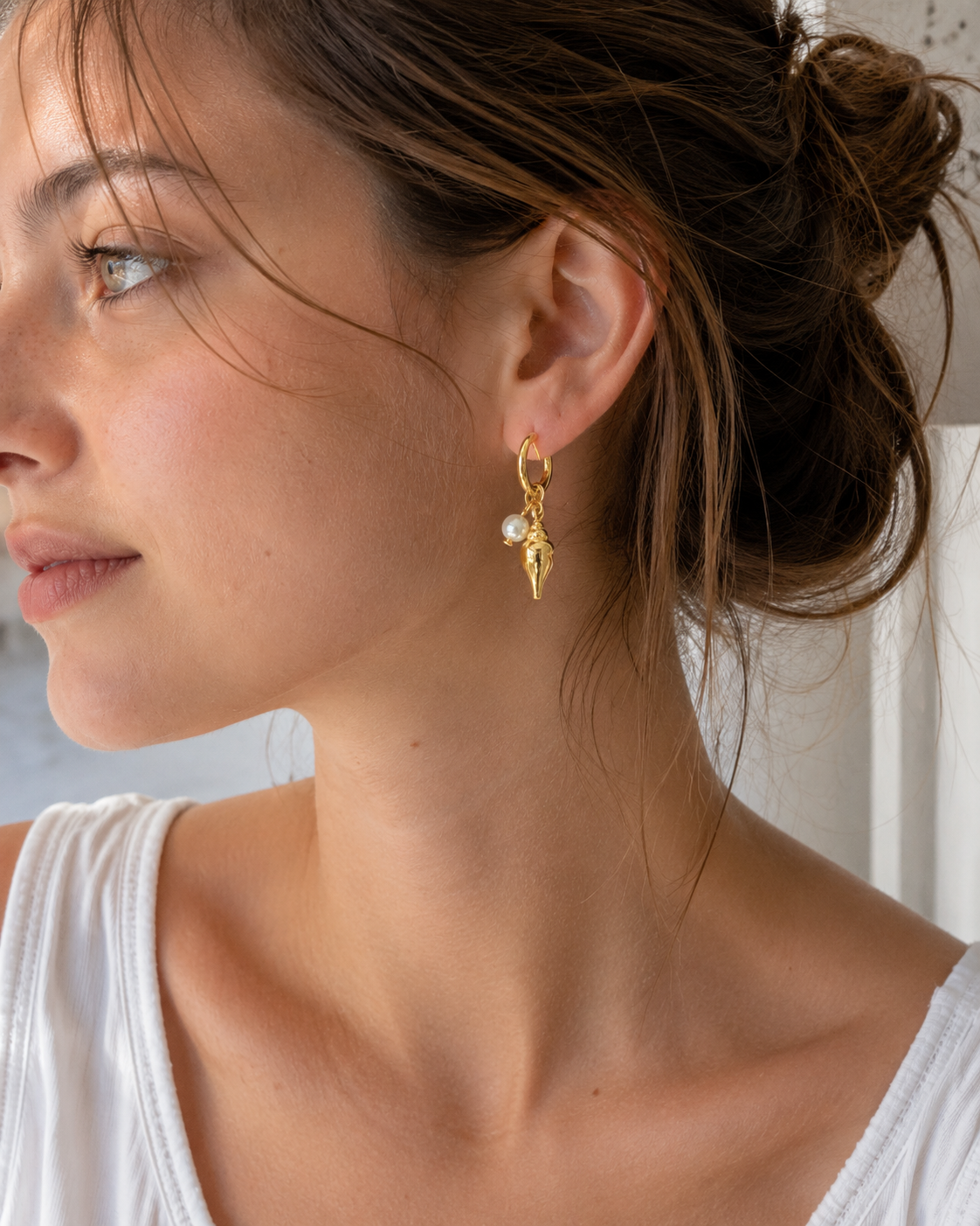 Sealife Shell Pearl Huggie Earrings-1