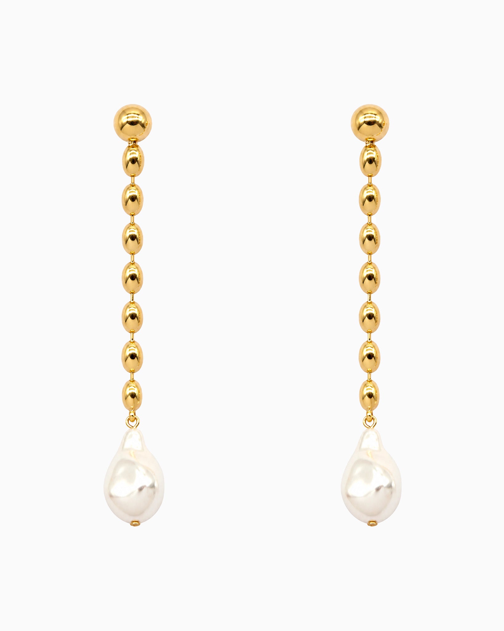 Gold Oval Chain Pearl Drop Earrings-2