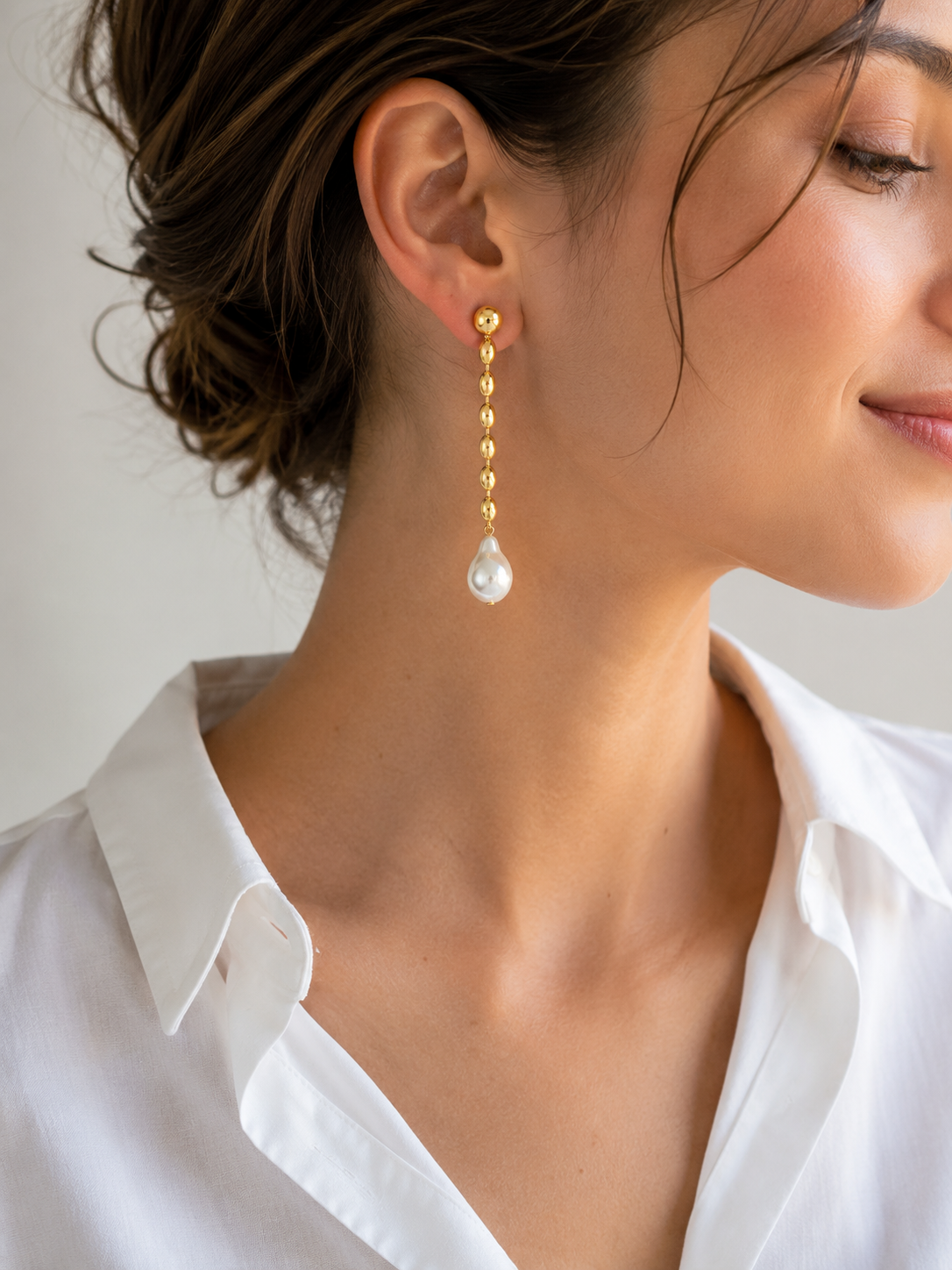 Gold Oval Chain Pearl Drop Earrings-1