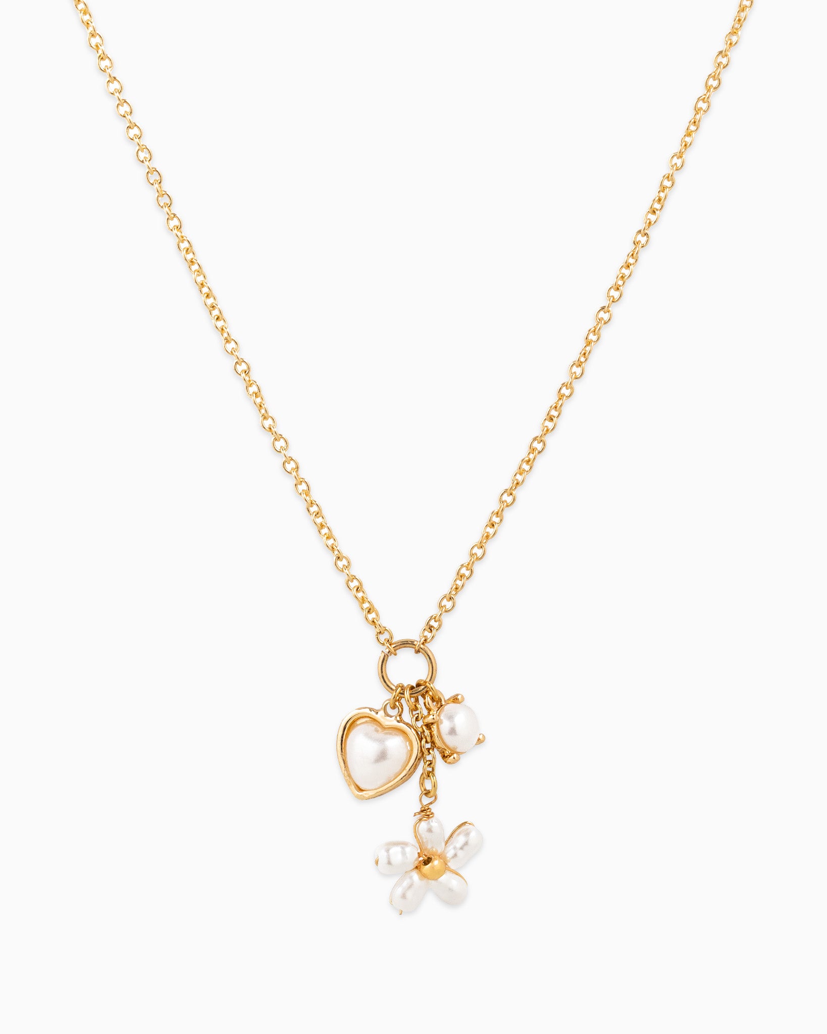 Y Drop Dainty Stone & Pearl Flower Charm Necklace