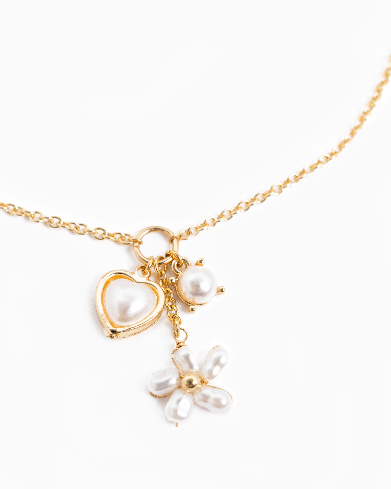 Y Drop Dainty Stone & Pearl Flower Charm Necklace