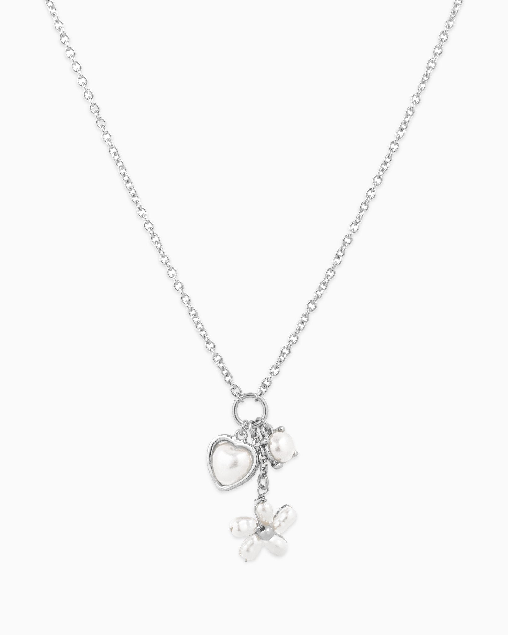 Y Drop Dainty Stone & Pearl Flower Charm Necklace