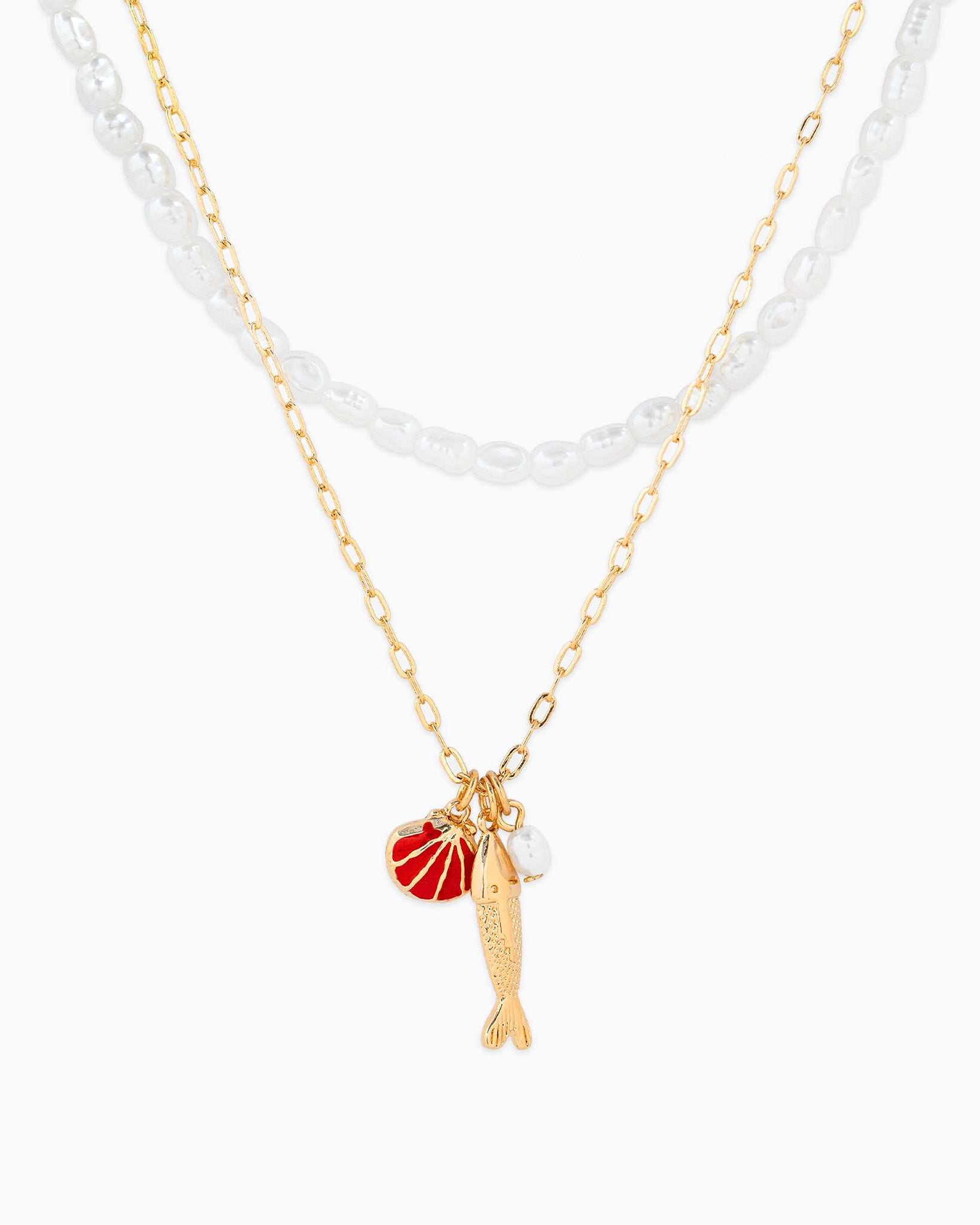 Sea Life Layered Pearl & Fish Charm Necklace