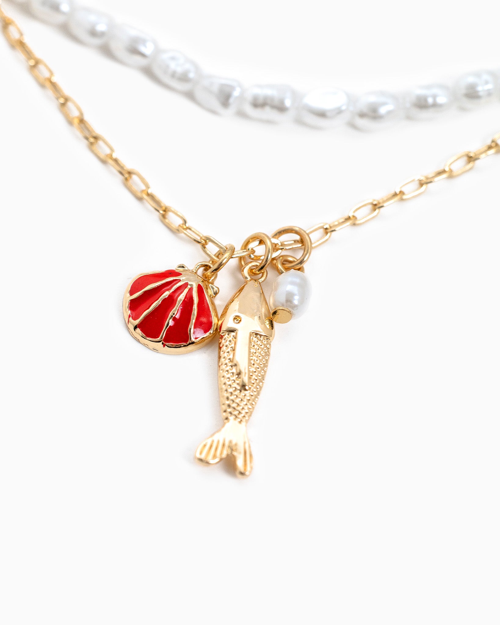 Sea Life Layered Pearl & Fish Charm Necklace