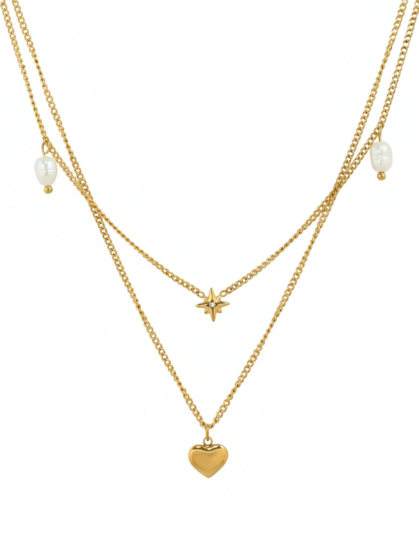 Stainless 2 Layered Stella Heart Pearl Necklace