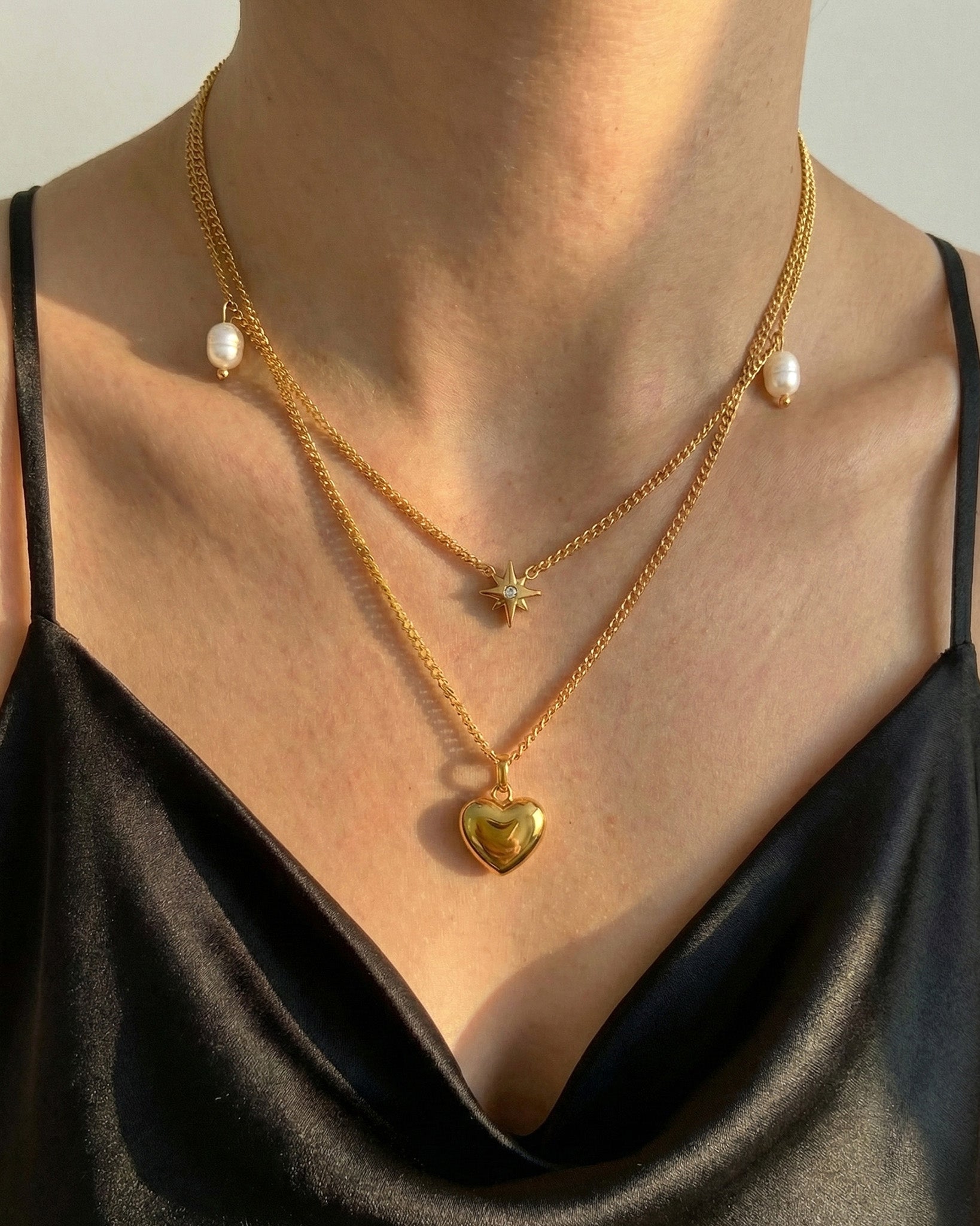Stainless 2 Layered Stella Heart Pearl Necklace