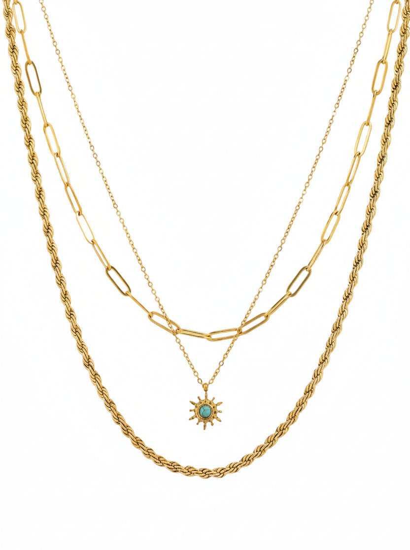 Stainless 3 Layered Turrquoise Starburst Chain Necklace