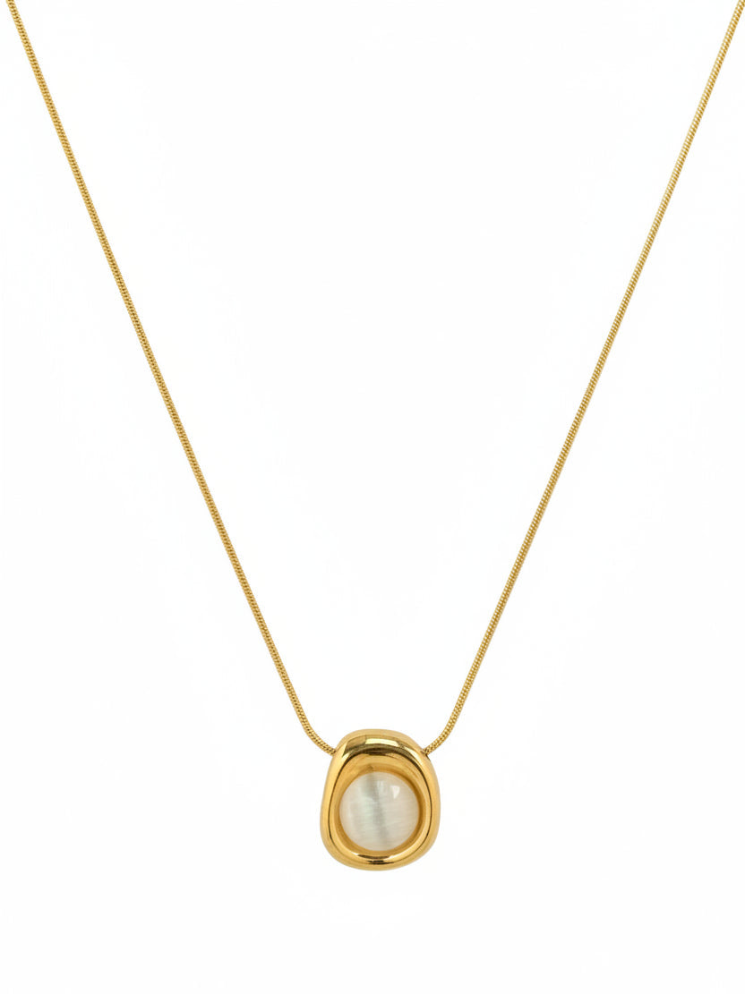 Stainless Gold Hollow Oval Frame Glass Stone Pendant Necklace