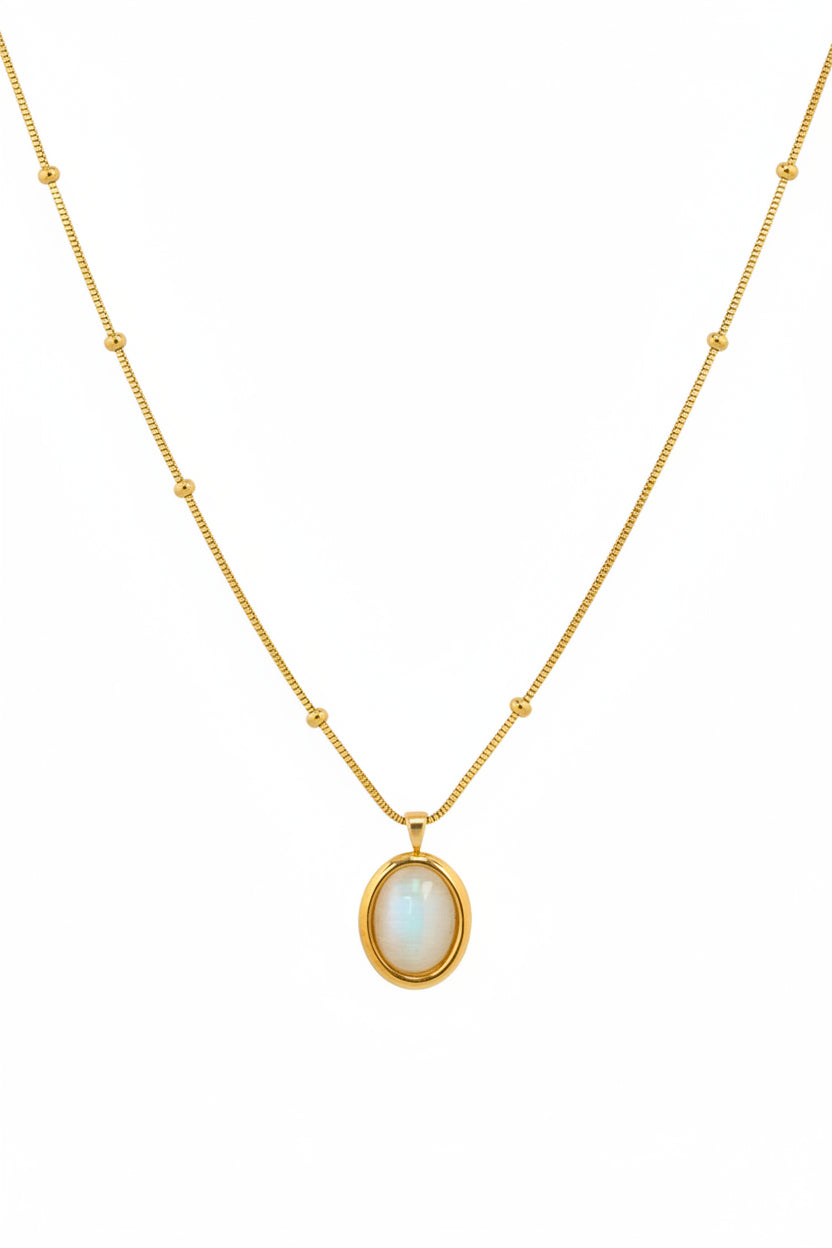 Stainless Cat’s Eye Glass Oval Pendant Necklace