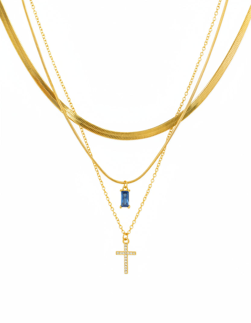 Stainless 3-Layer CZ Cross & Baguette Pendant Necklace – Blue