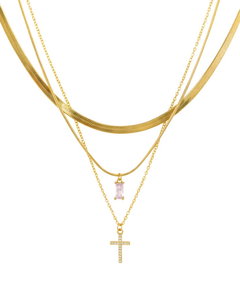 Stainless 3-Layer CZ Cross & Baguette Pendant Necklace – Pink