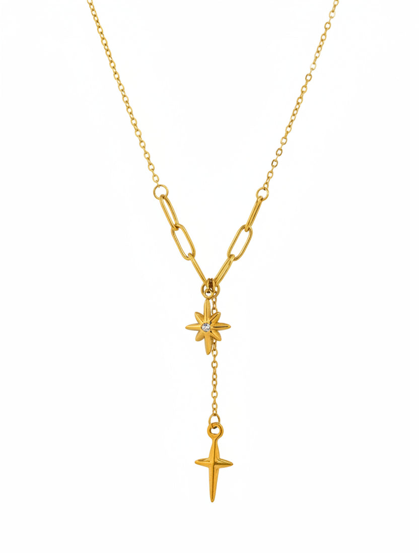 Stainless Paperclip Chain Y-Drop Star & Dagger Necklace
