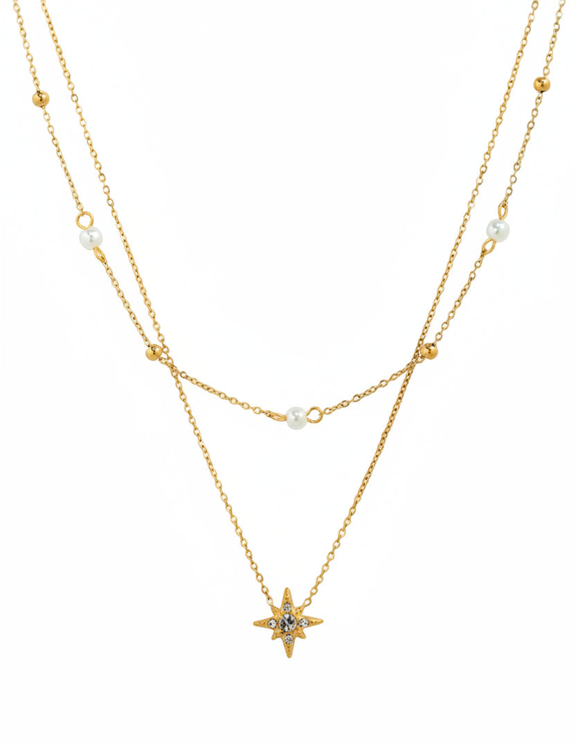 Stainless 2 Layered Starburst Pearl Necklace