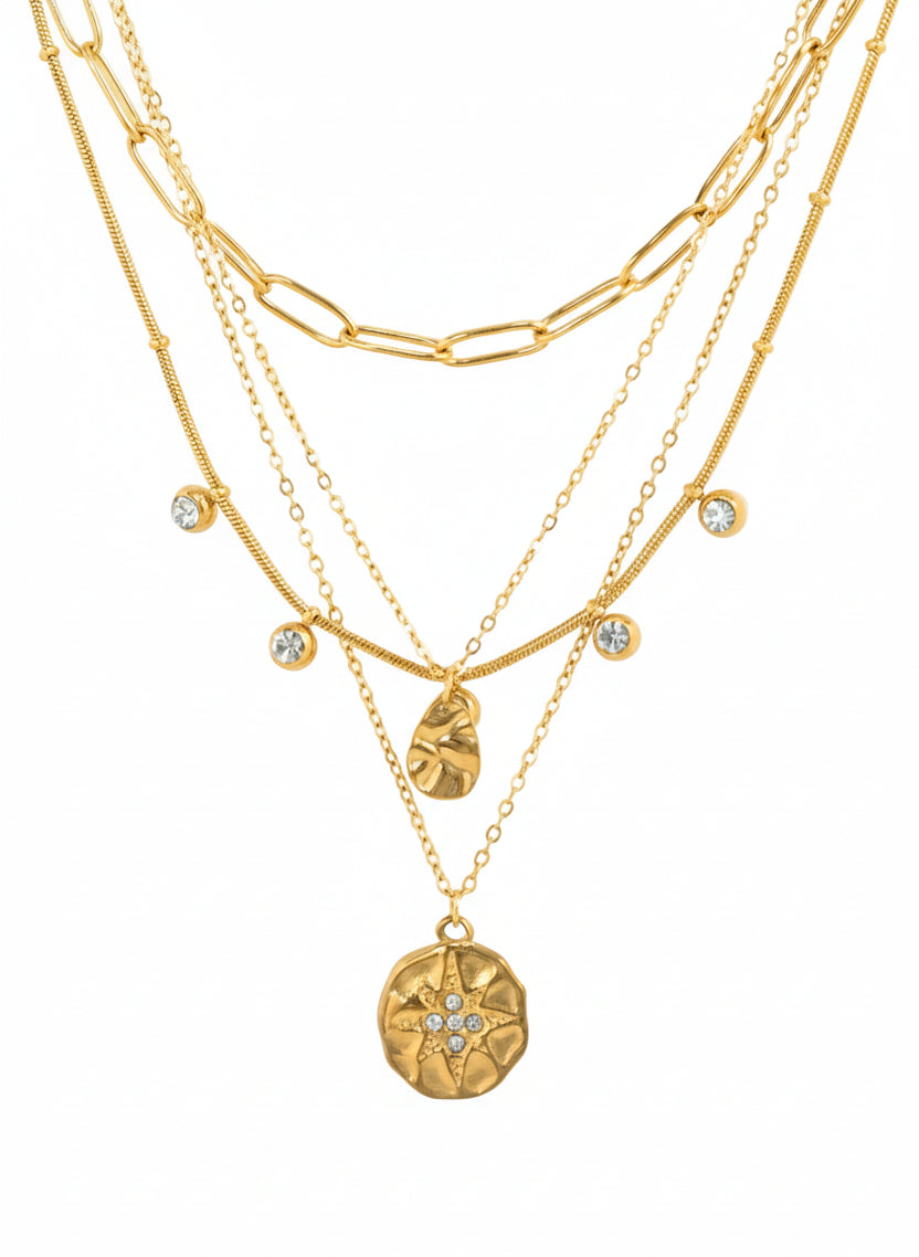 Stainless 4 Layered Coin Medallion Multi-Chain Necklace