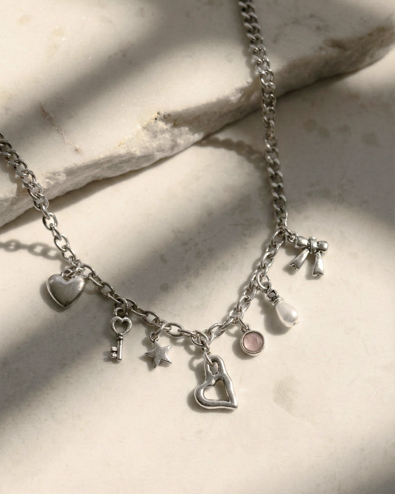 Vintage Silver Heart Key Charm Necklace