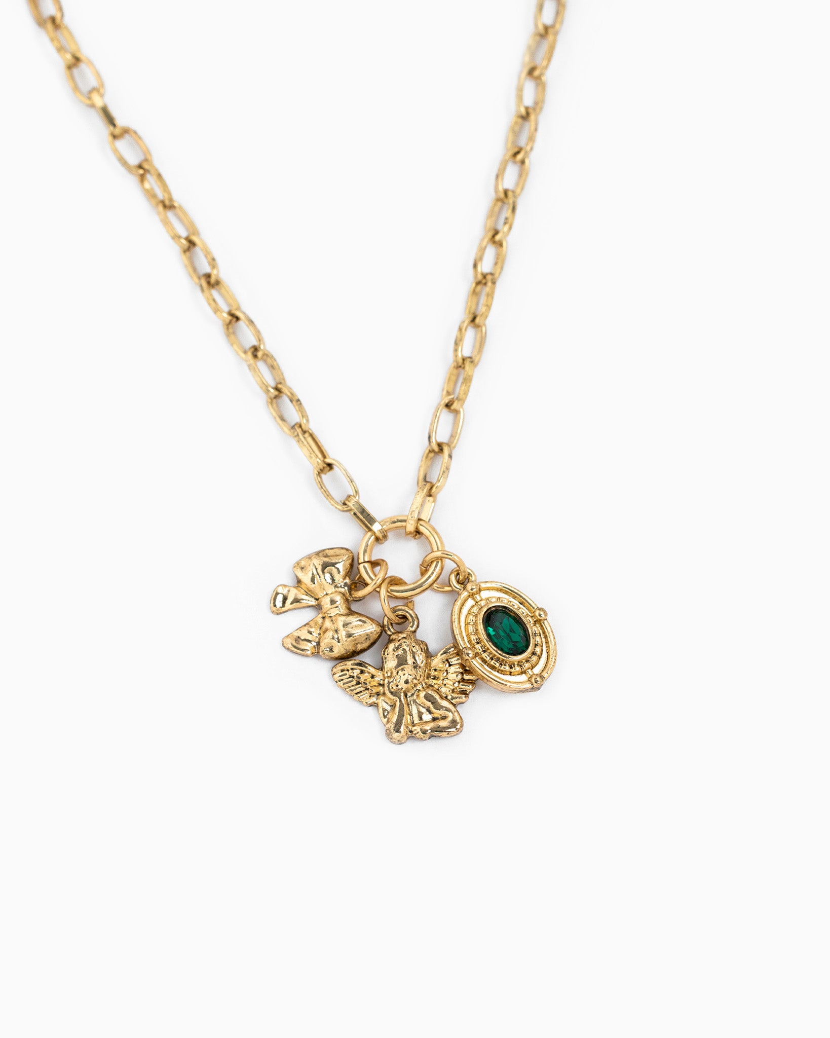 Antique Angel Bow Stone Toggle Charm Necklace