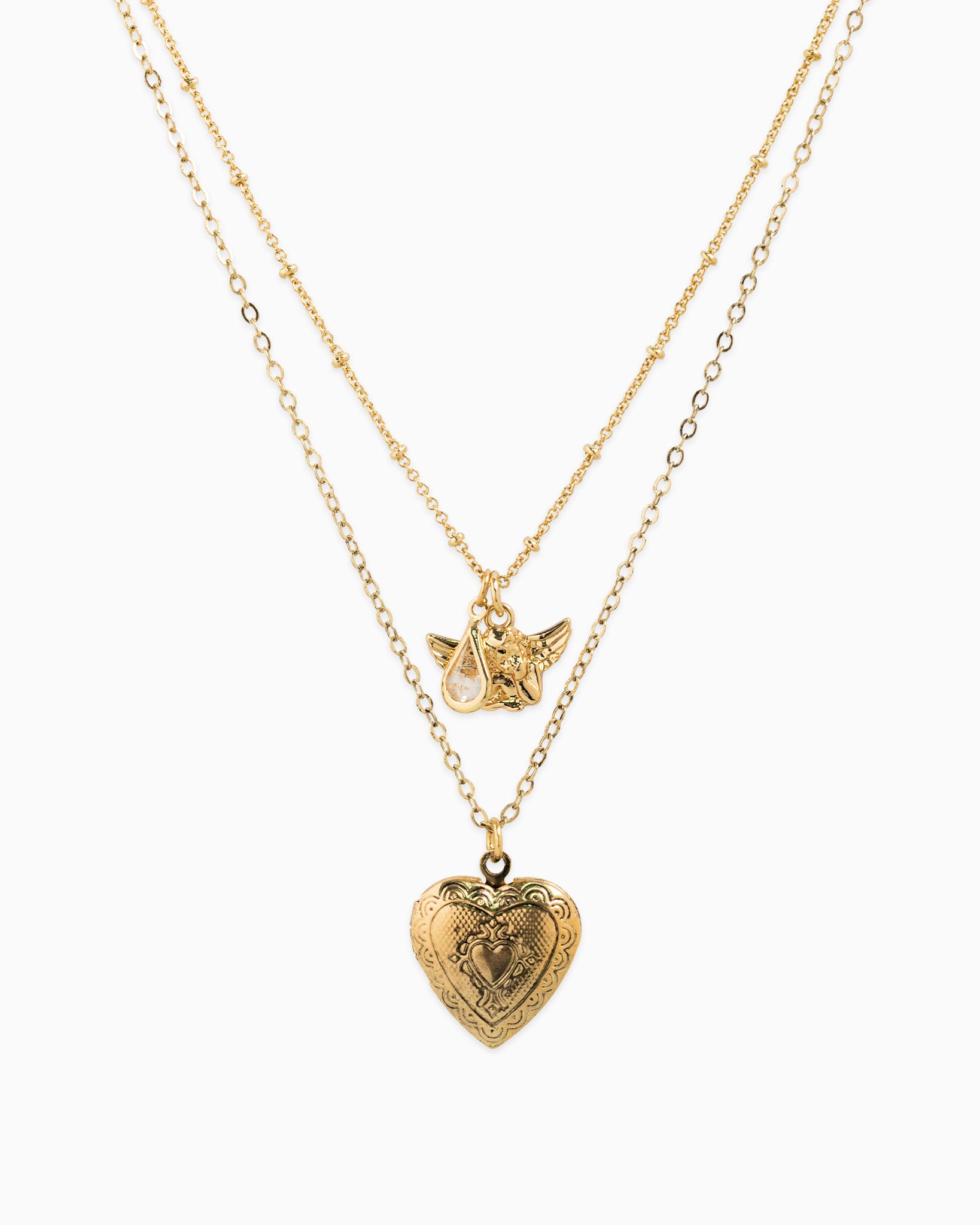 Antique Layered Heart Locket Angel Teardrop Necklace