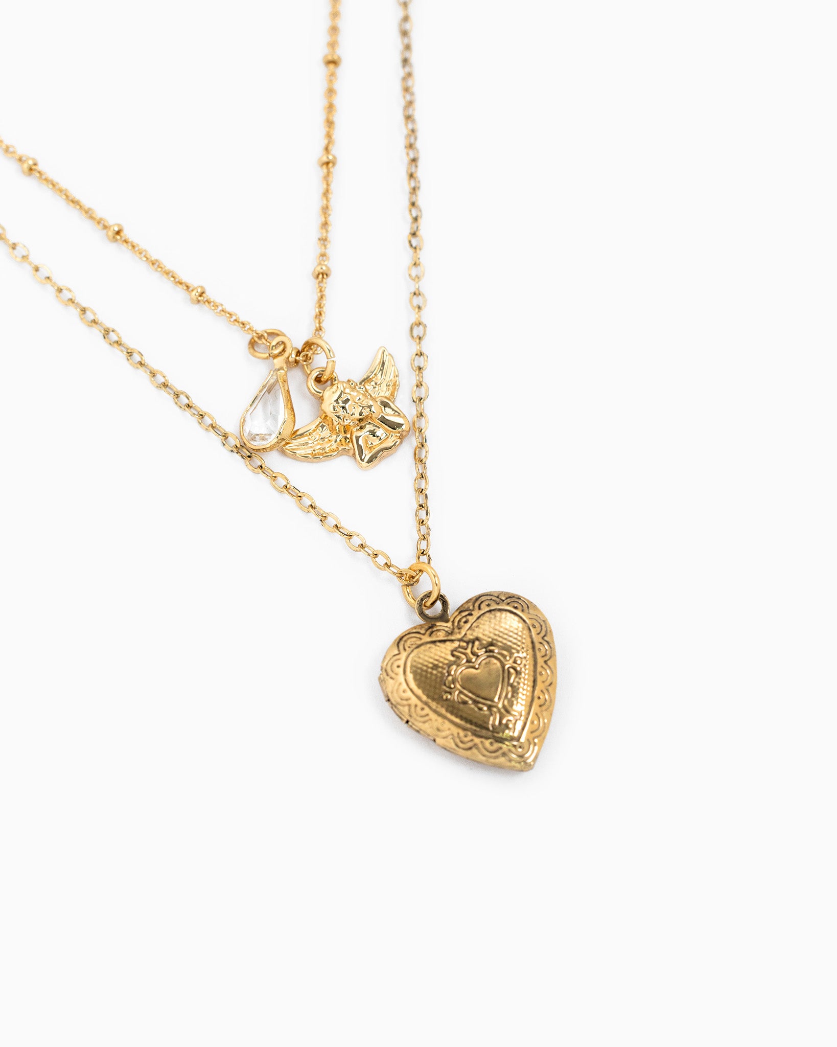 Antique Layered Heart Locket Angel Teardrop Necklace