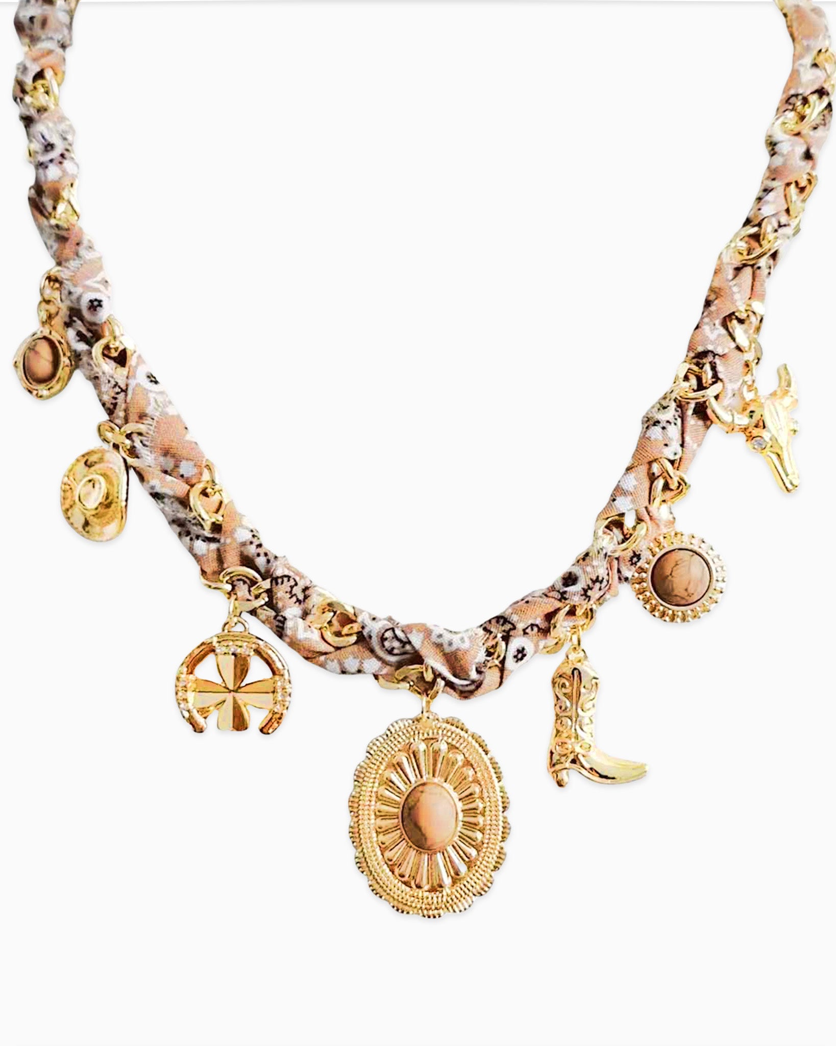 Paisley Scarf Western Concho Multi Charm Necklace