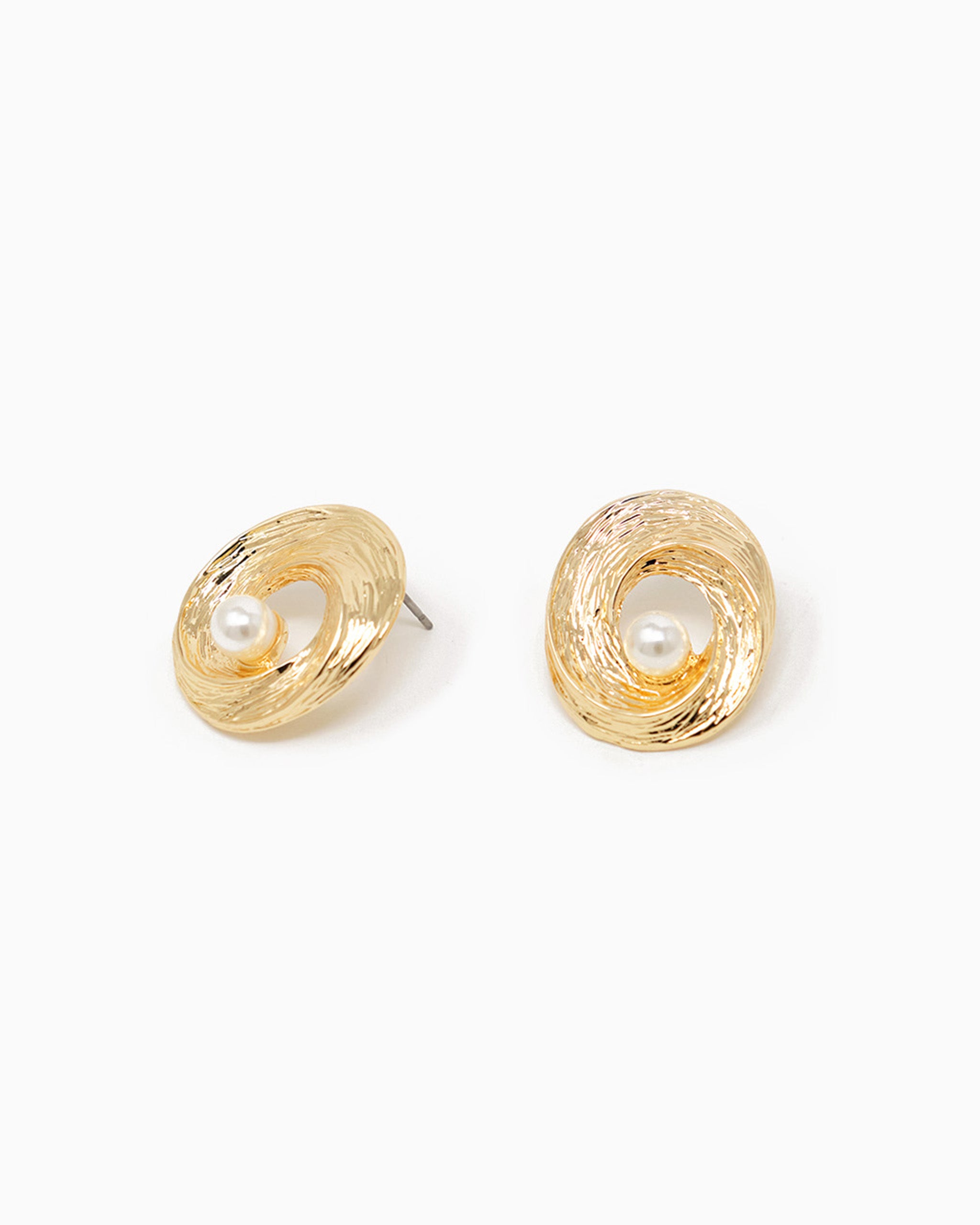 Textured Metal Swirl with Pearl Statement Stud Earrings – Gold
