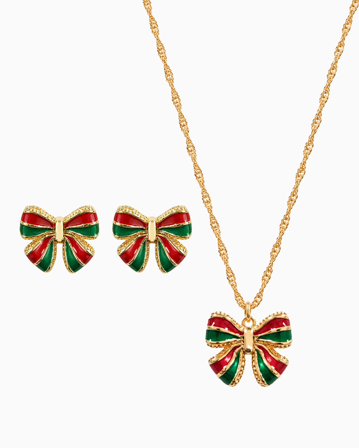 SET - Christmas Enamel Bow Pendant Necklace & Stud Earrings-1
