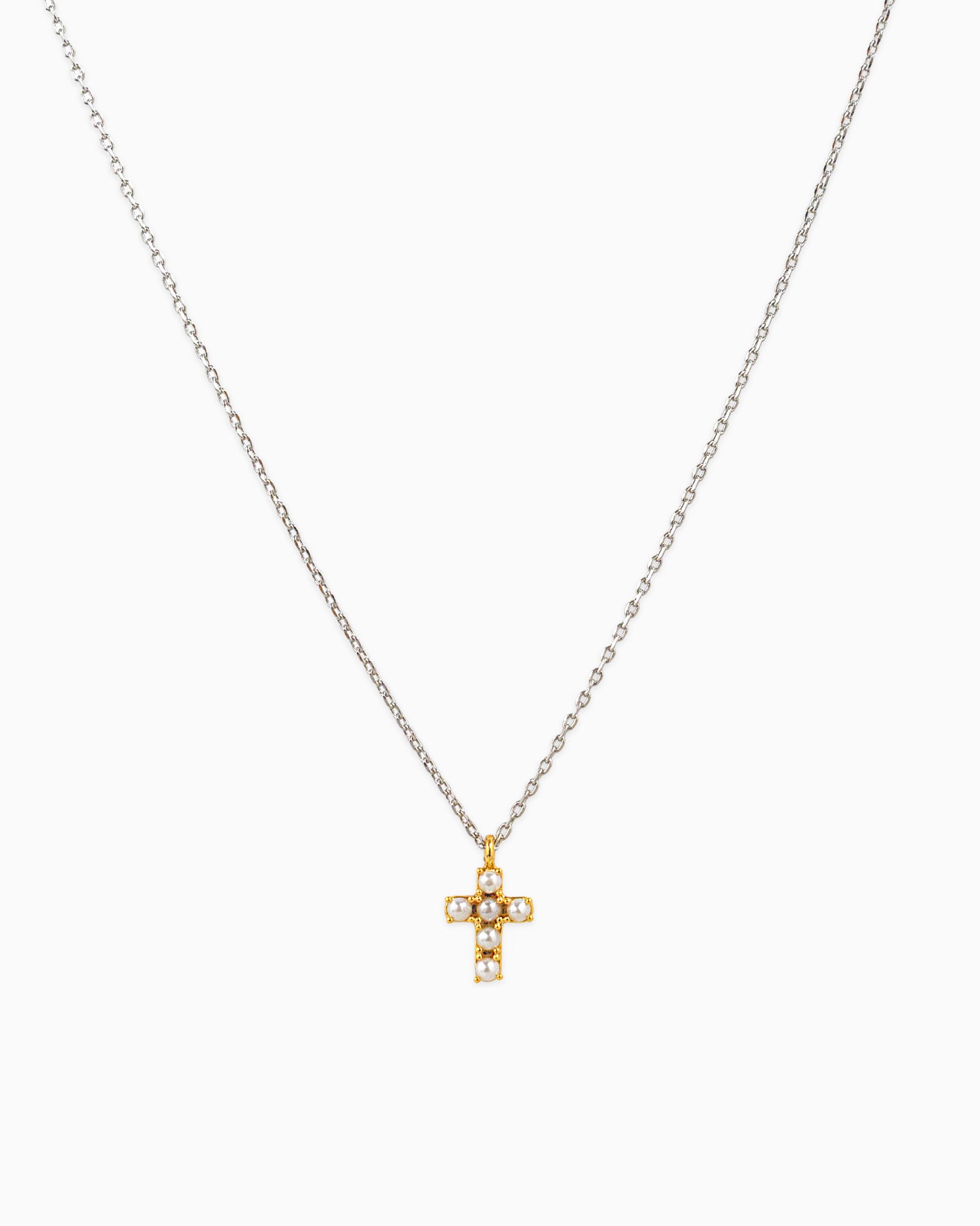 Two Tone Pearl Cross Necklace