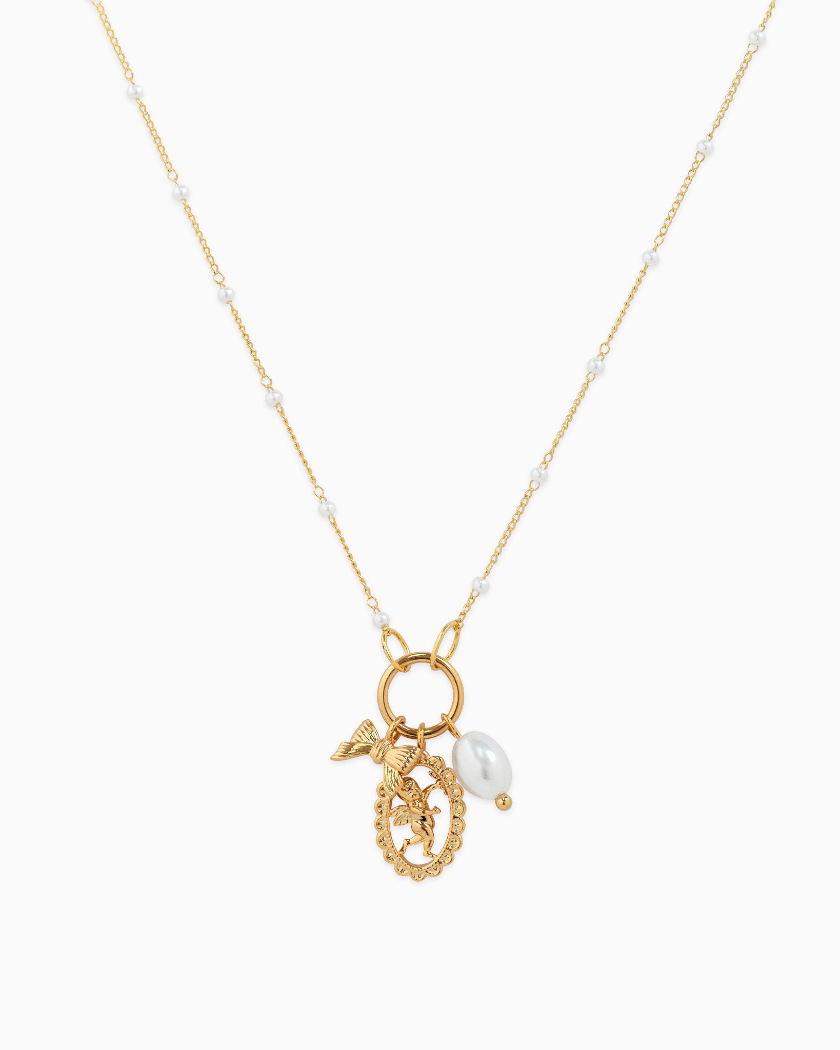 Trio Charm Angel Pearl Necklace