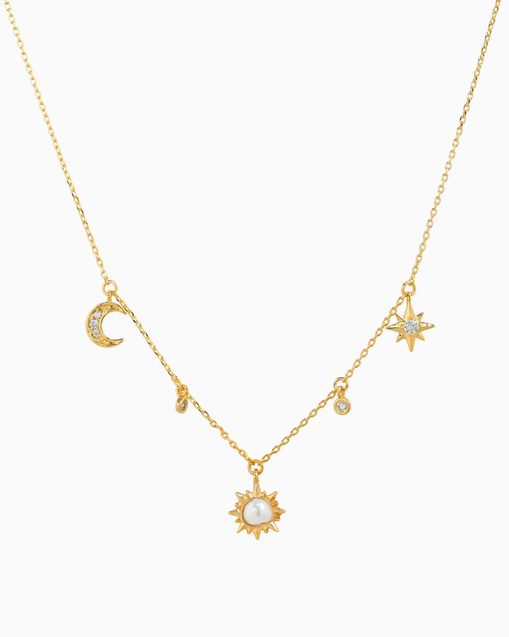 Sunburst Moon Star CZ Station Necklace