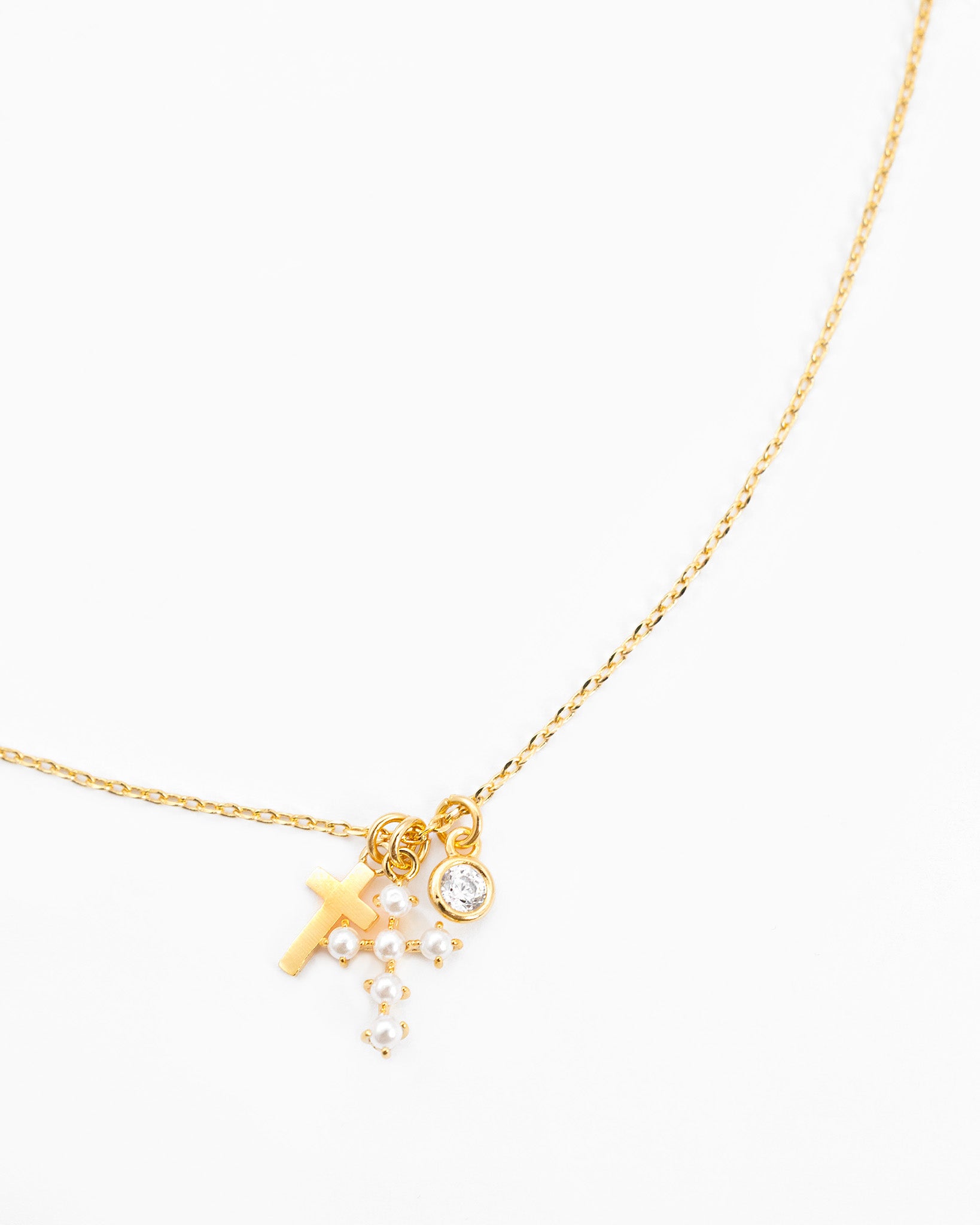 Pearl Cross Triple Charm Pendant Necklace