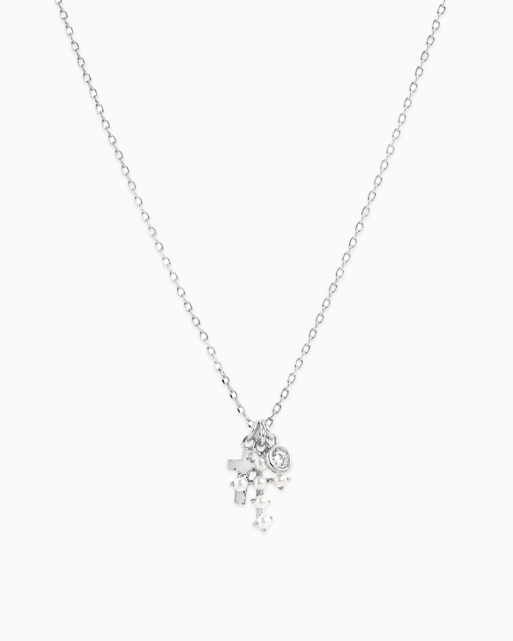 Pearl Cross Triple Charm Pendant Necklace